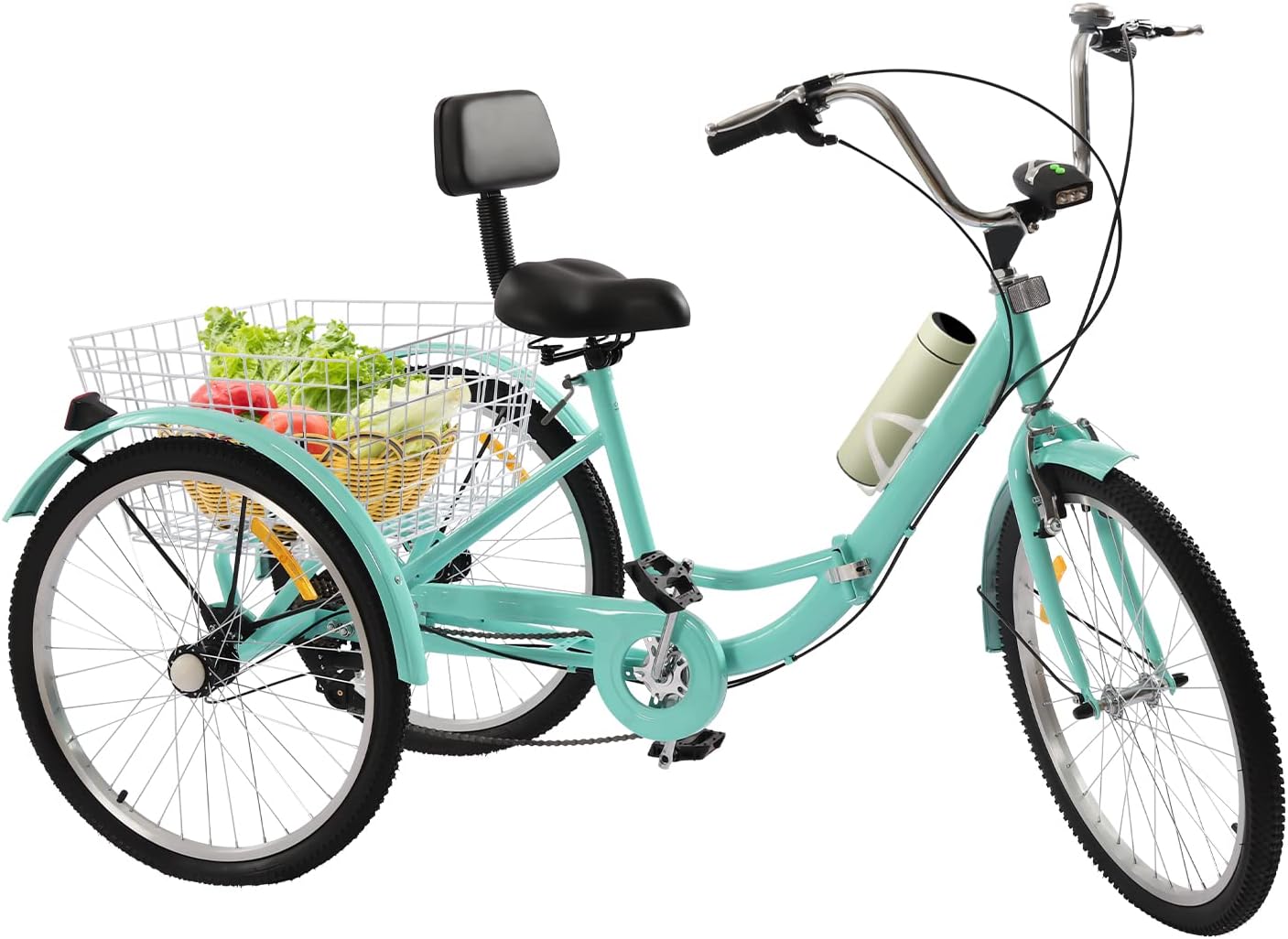 Tricycle 24 pouces pour adultes, vert clair, vélo pliant à 3 roues, vélo de charge à 7 vitesses avec lumière avant, panier et dossier, tricycle pour adultes, hommes, femmes et personnes âgées.