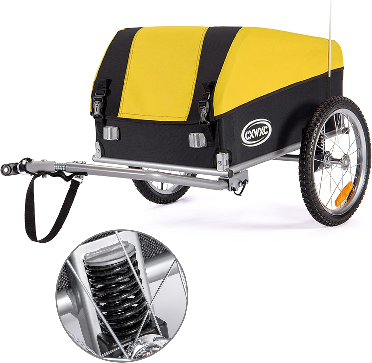 Remorque Velo Cargo avec Amortisseur, Capacité de Charge Jusqu'à 120l et 88lb / 40kg, Remorque de Fret Pliante, Remorque de Transport de Signal de Sécurité de Vélo avec Bâche (Jaune)