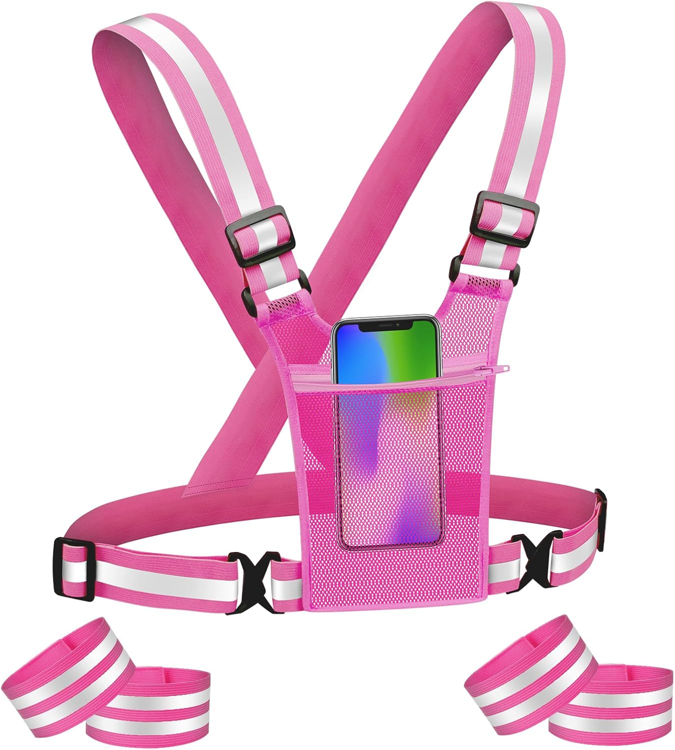 Adiwo Gilet de Sécurité vélo, Gilet de Sport Réfléchissant Haute Visibilité avec 4PCS Bracelets de Sécurité Réfléchissant, Harnais de Reflechissant Réglable Gilet pour Course, Faire du Vélo(Rose)