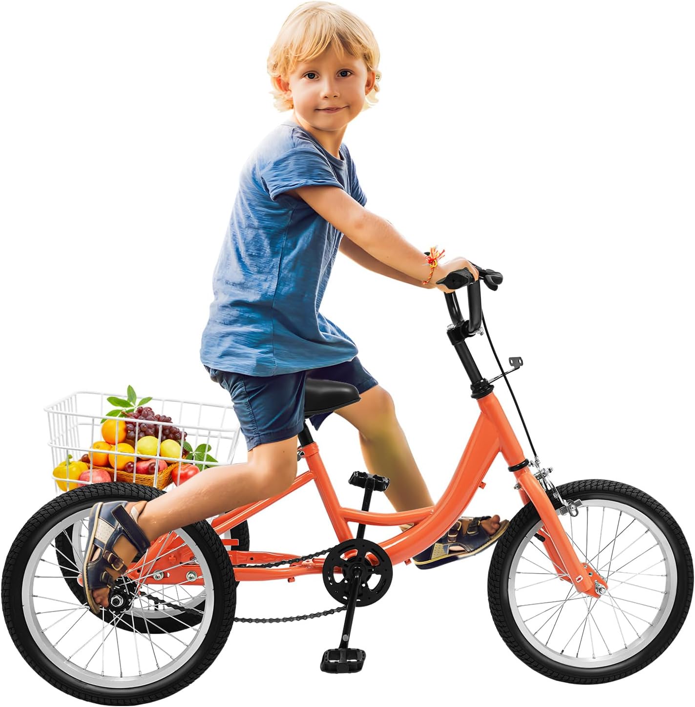 Susoso Vélo de ville 16 pouces avec support de panier avant et levier de frein court, tricycle, guidon et selle réglables pour les routes en ville Orange clair