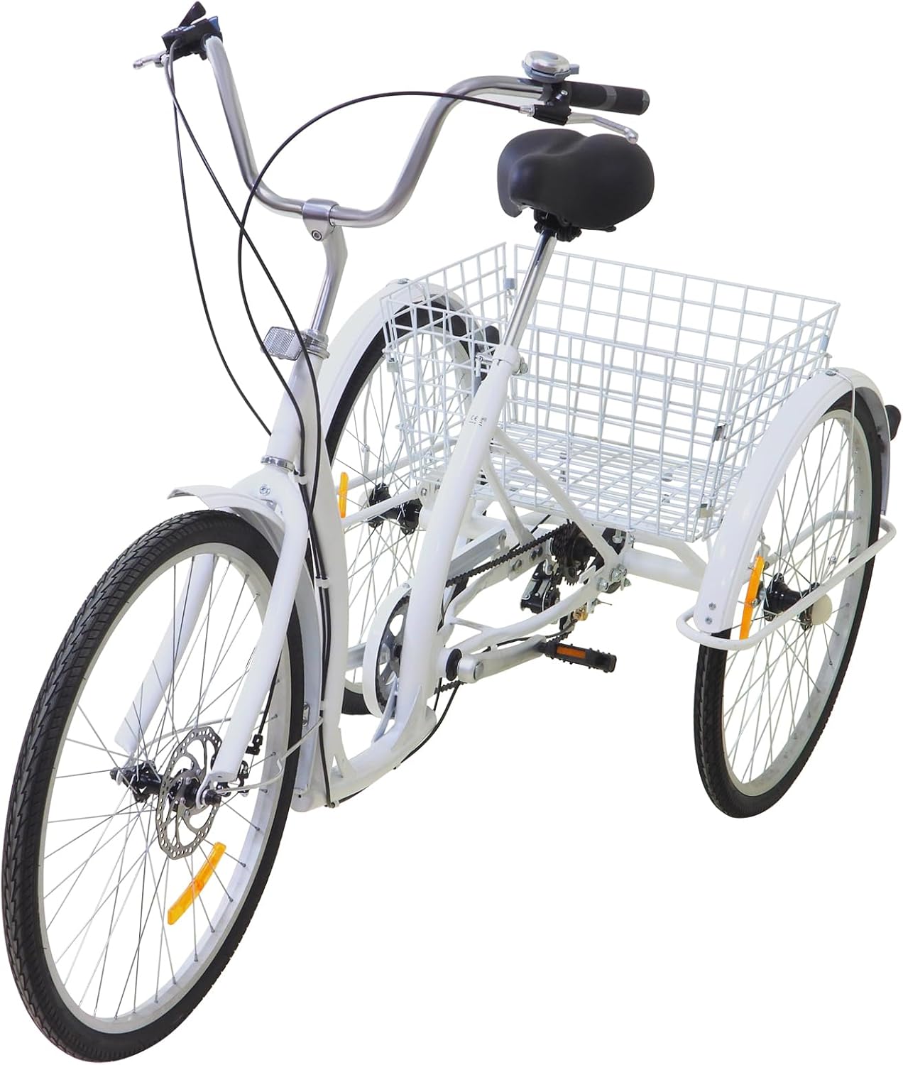 PINYELIN Tricycle pour adulte - Tricycle à 3 roues - 6 vitesses - Avec panier à provisions - Blanc - Pour personnes âgées - Tricycle urbain - Vélo à trois roues