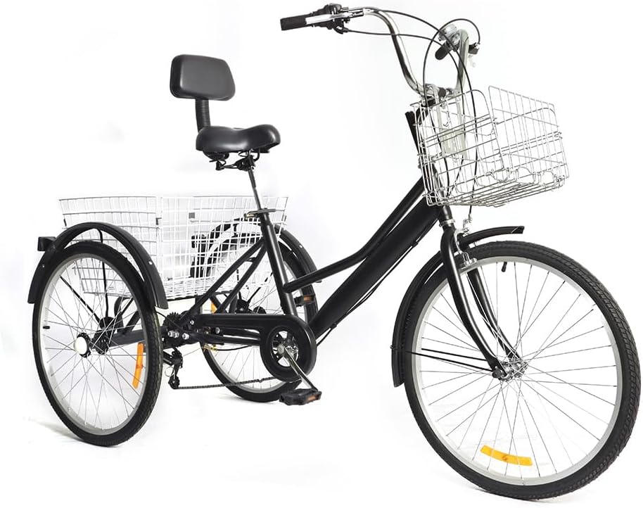 Tricycle de 24 pouces pour adultes 3 roues 7 vitesses vélo pliable vélo avec panier de courses City Tricycle déambulateur tricycle cargo cruise tricycle pour villes plages pistes cyclables