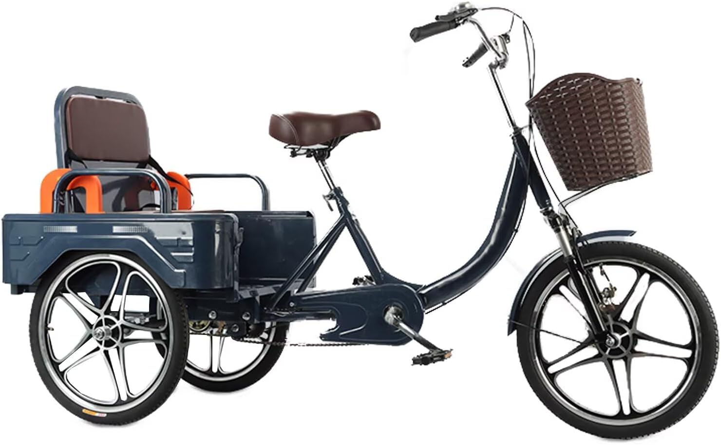 Grand vélo cargo avec cabine de rangement, tricycle habité avec siège arrière rabattable, vélo à 3 roues, tricycle pousse-pousse avec pédales, fourche avant à amortisseur, freins avant et arrière