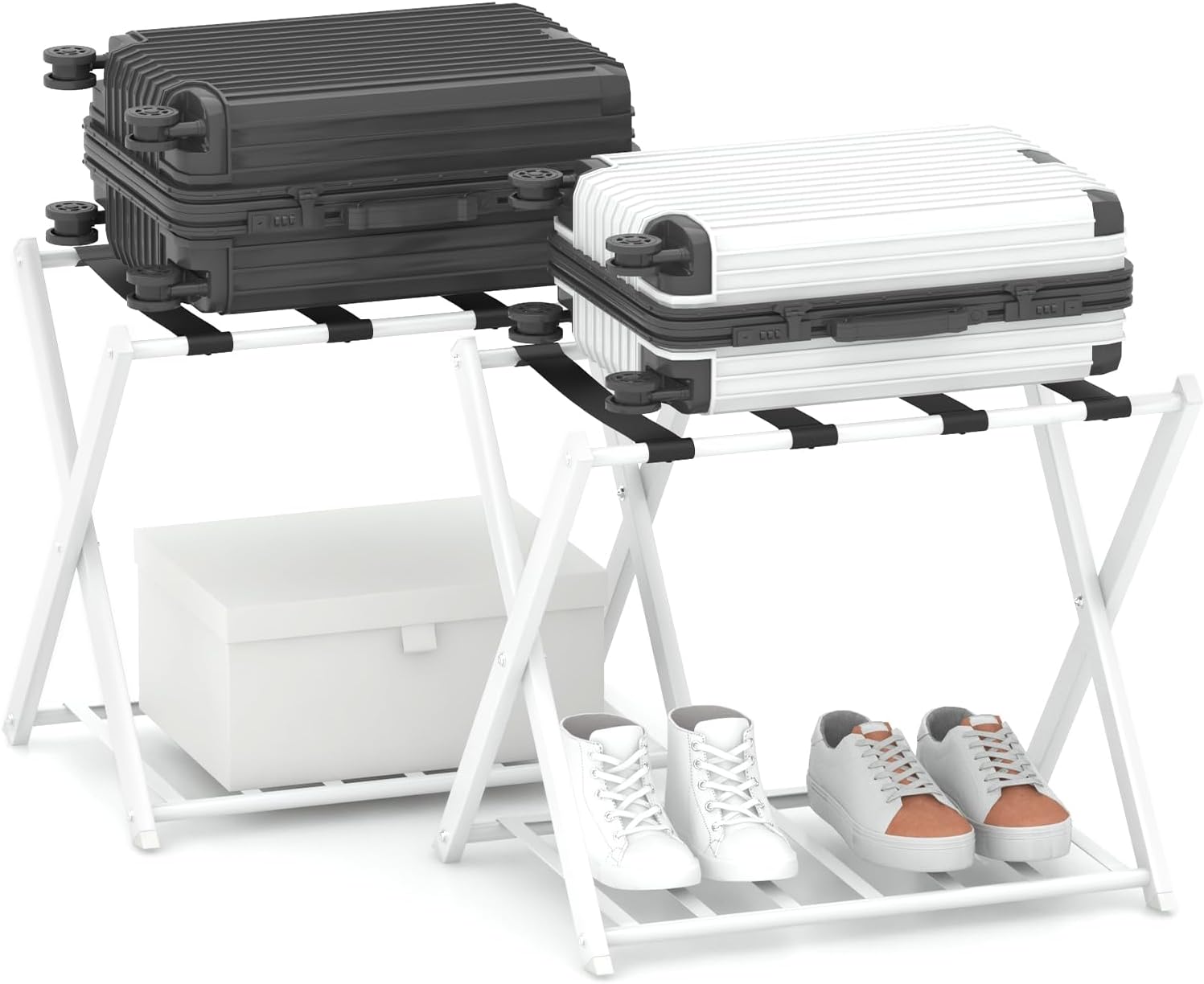 Lot de 2 Porte-valises Pliants, Porte-Bagages avec 2 Étagères, Support de Valise Pliable en Métal Robuste, pour Chambre, Hôtel, Charge Total 60 kg, 43 x 68 x 56 cm, Blanc