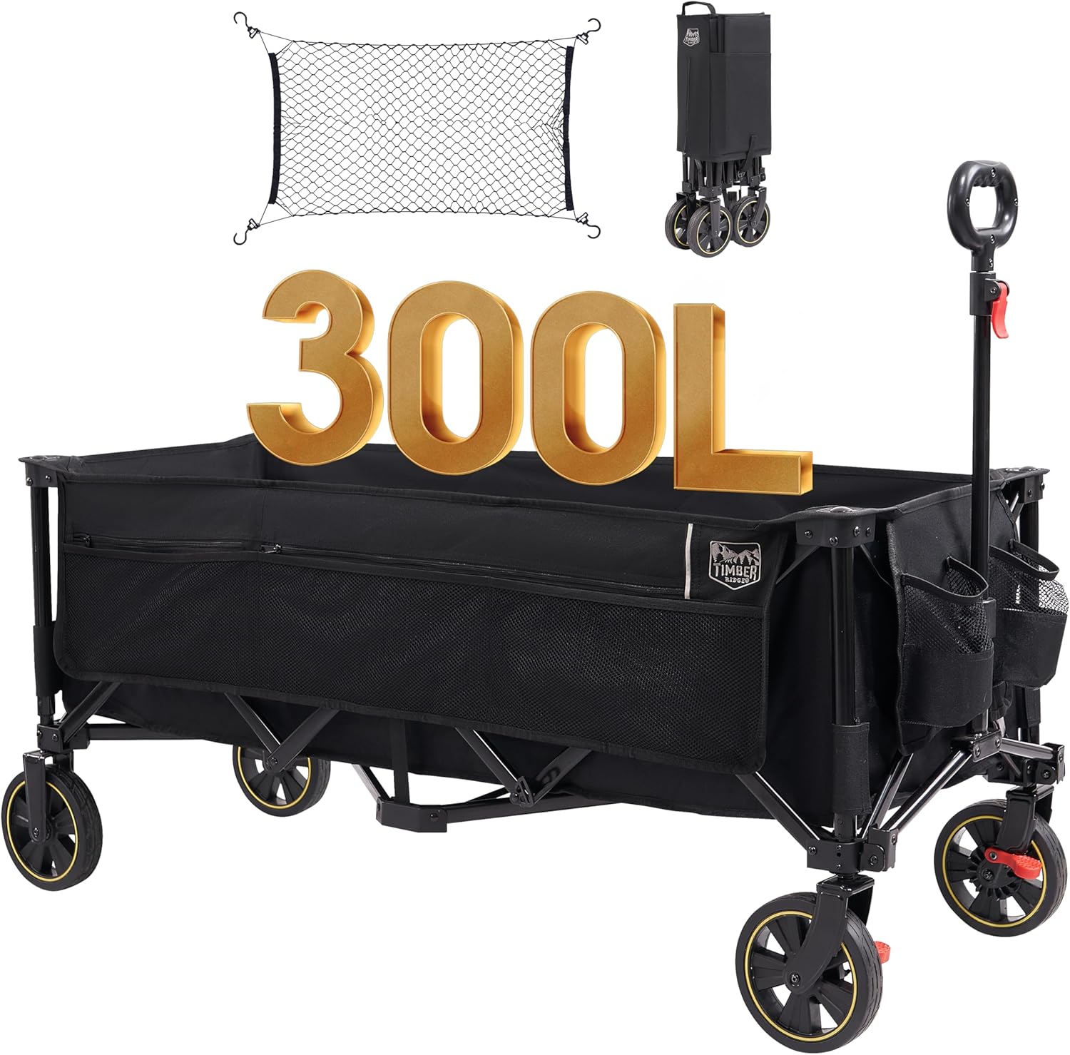 TIMBER RIDGE XXXL Chariot Pliable 300L 160KG avec Frein Filets Anti-Chute Chariot de Transport Poche Latérale Porte-Boisson Poignée Réglable Chariot de Jardin Chariot de Plage pour Tous Les terrains