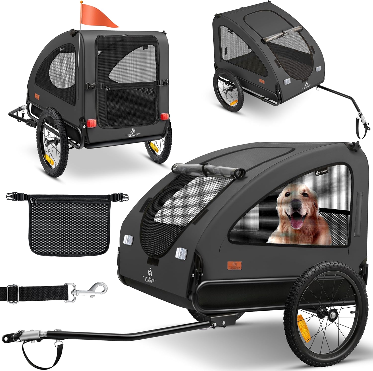 KESSER® Remorque de vélo pour chien Boxer 2 en 1 - Grand volume : env - 250 l - Avec drapeau et sac - Toile Oxford 600D pliable SmartSpace Concept - Maximum 45 kg - Anthracite