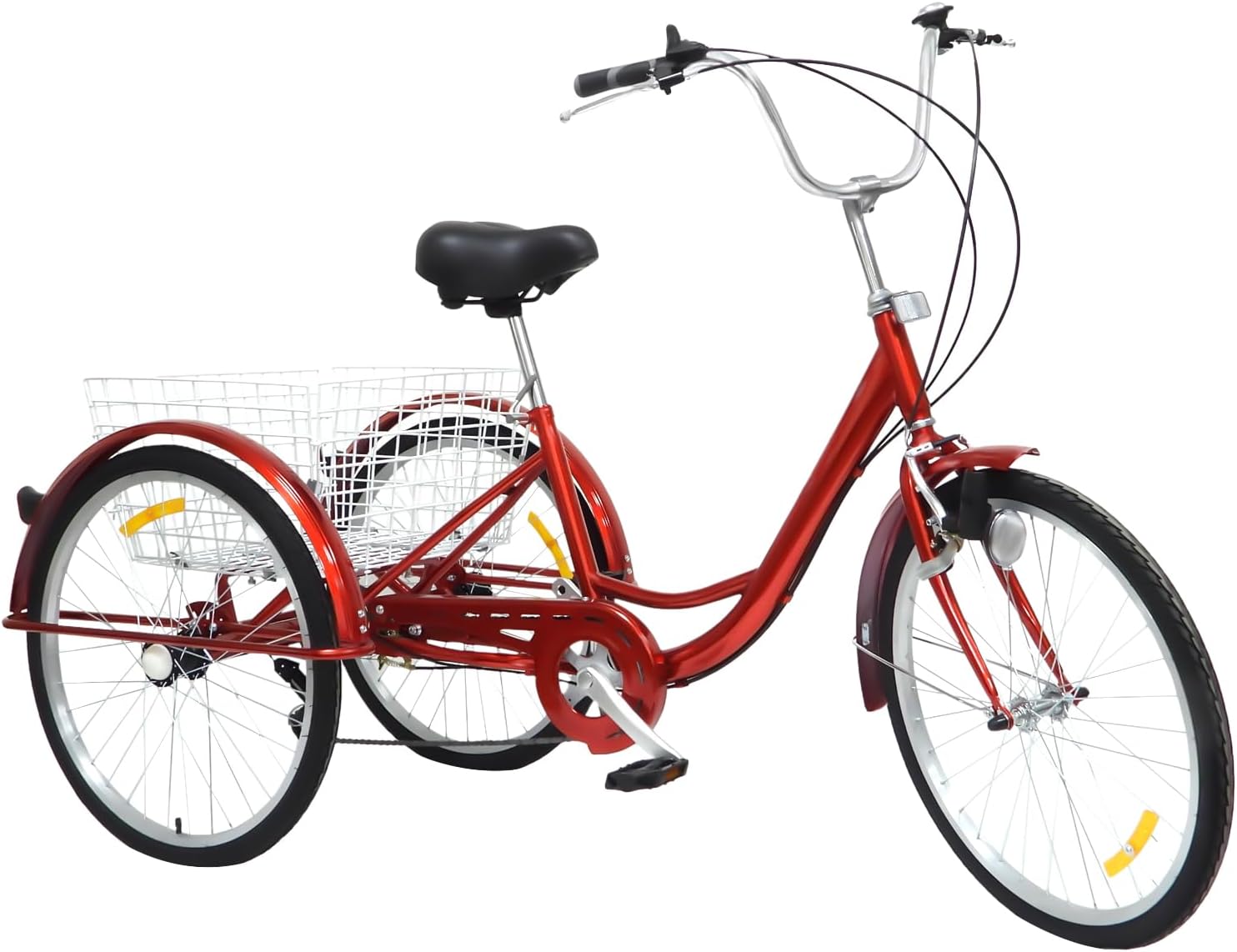 TESUGN Tricycle pour adulte, 24 ", avec panier, 6 vitesses, tricycle en acier au carbone, vélo de courses pour personnes âgées, trike cruise, rouge