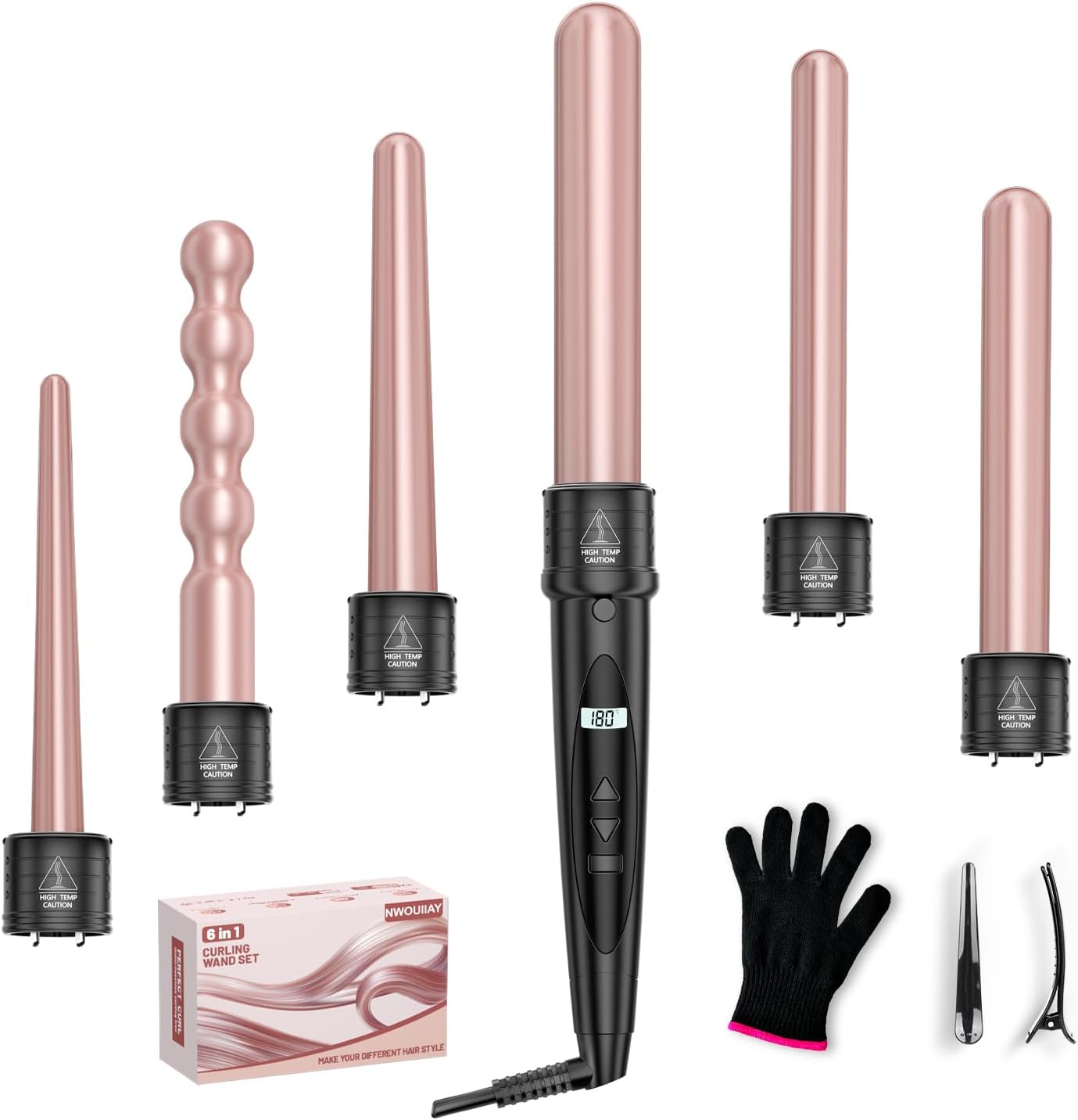 Fer à Friser Cheveux en Céramique 6 en 1 Fer à Boucler Électrique avec LCD Écran Température Réglable Ensemble de Grandes et Petites Boucles et Gant Anti-brûlure