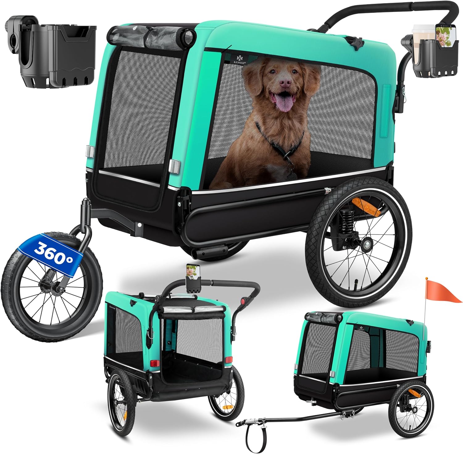 KESSER® Remorque de vélo, Remorque de vélo pour Chien, Chien Buggy - XXL remorque Volume d’Environ 240 litres, avec suspensions, imperméab, capacité de Charge 40 kg, INCL - Porte-téléphone Portable