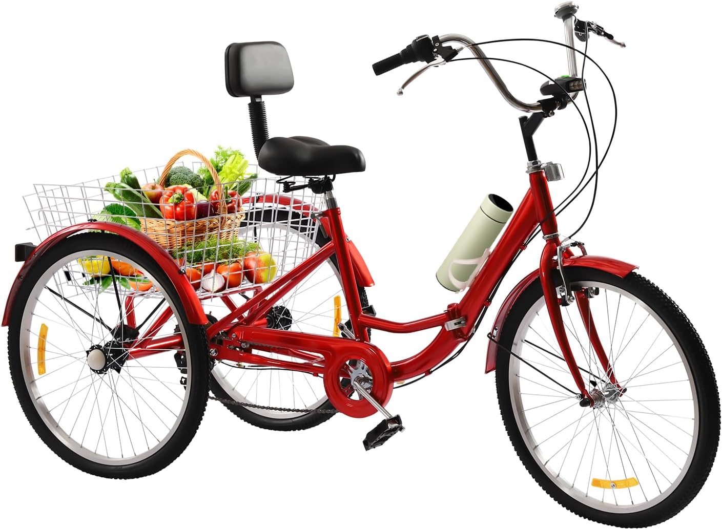 JINPRDAMZ Tricycle de 24 pouces pour adultes, rouge, vélo pliant à 3 roues, 7 vitesses, avec lumière avant, panier et dossier, tricycle pour adultes, hommes, femmes et personnes âgées.