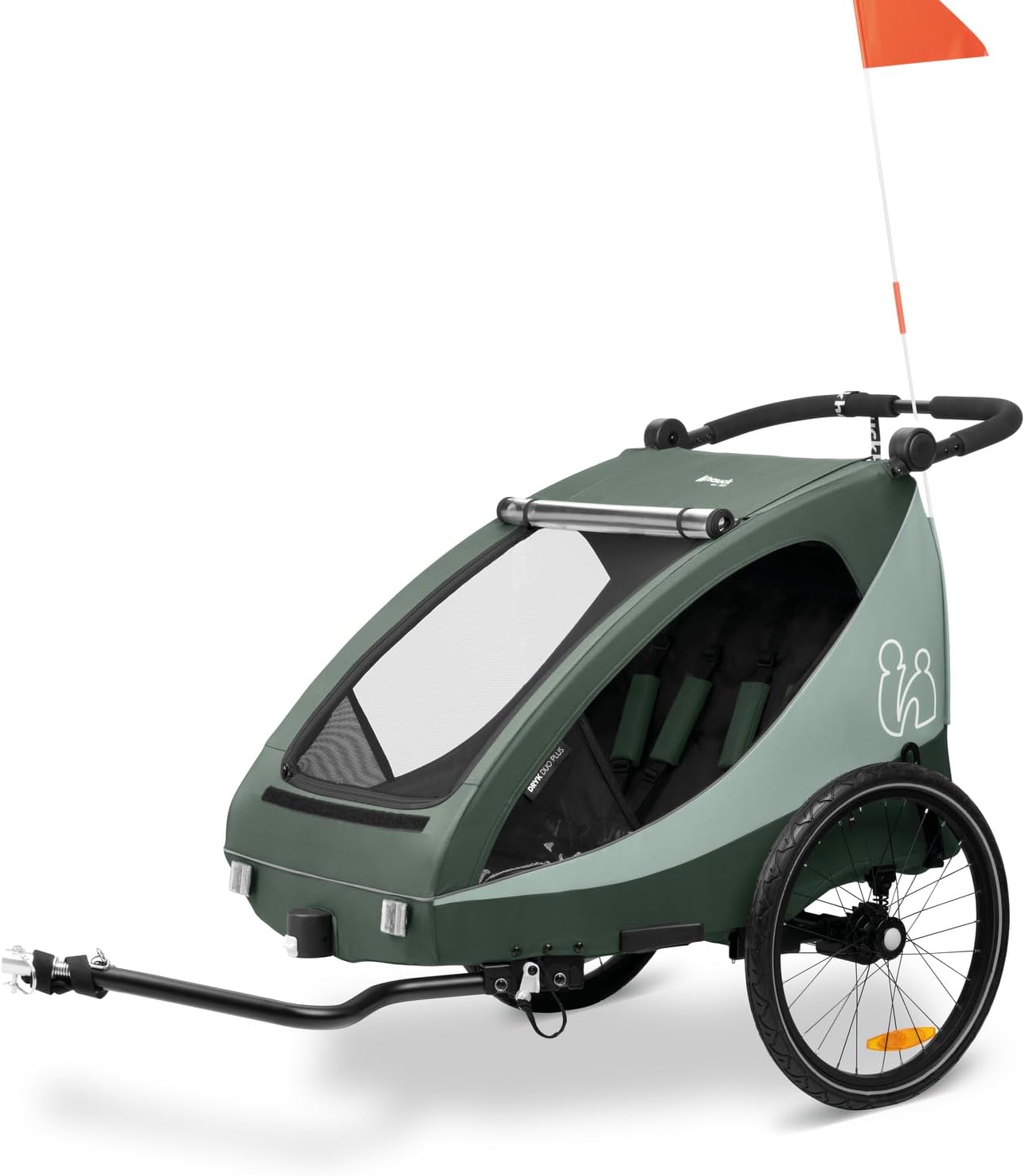 Remorque Velo et Poussette Dryk Duo Plus avec Suspension, Chariot Enfant 2 Places (6-48 Mois), Inclus Barre d'Attelage, Roue, Fanion, Lumière, Pliable, Coffre XL - Vert Foncé