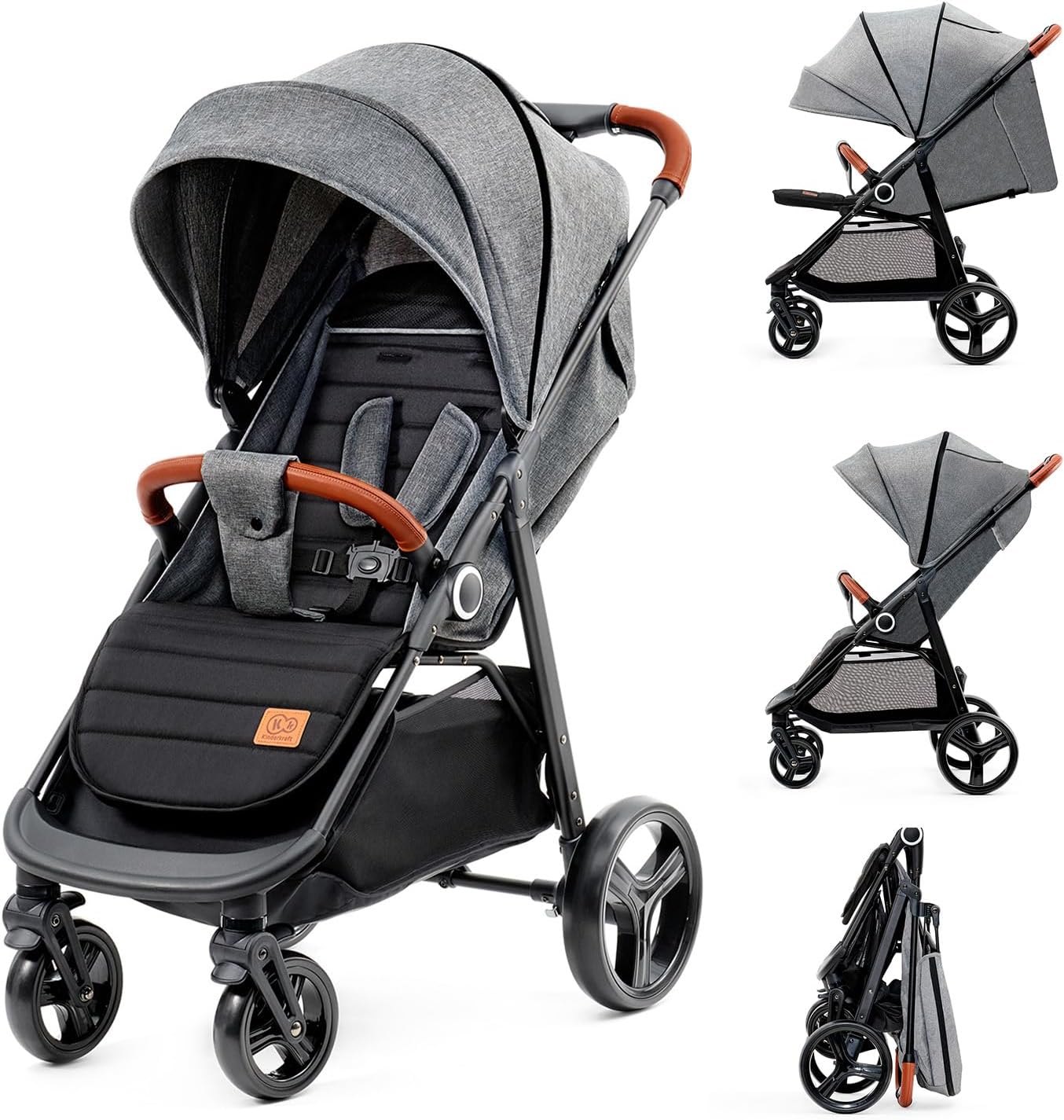 Kinderkraft GRANDE PLUS Poussette Canne dès la Naissance jusqu’à 22 kg, Pliage d'une seule main, Position allongée, Capote extensible, 4 Roues amorties, Gris
