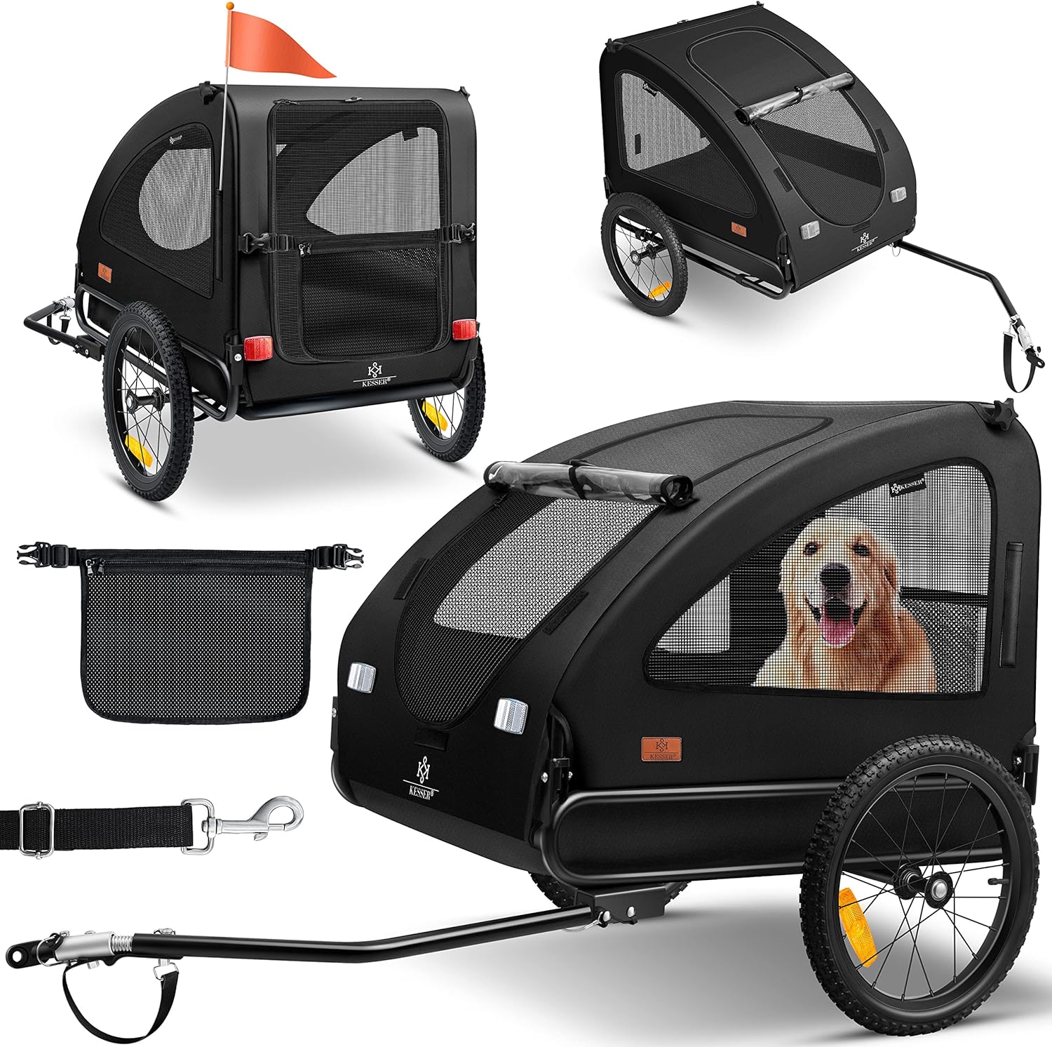 KESSER® Chariot pour Chien 2-en-1 Remorque pour Chien, Poussette pour Chien Remorque pour vélo Grand Volume env - 250 l - INCL - Drapeau et Sac - 600D Oxford Canvas, Pliable Concept, Le Noir
