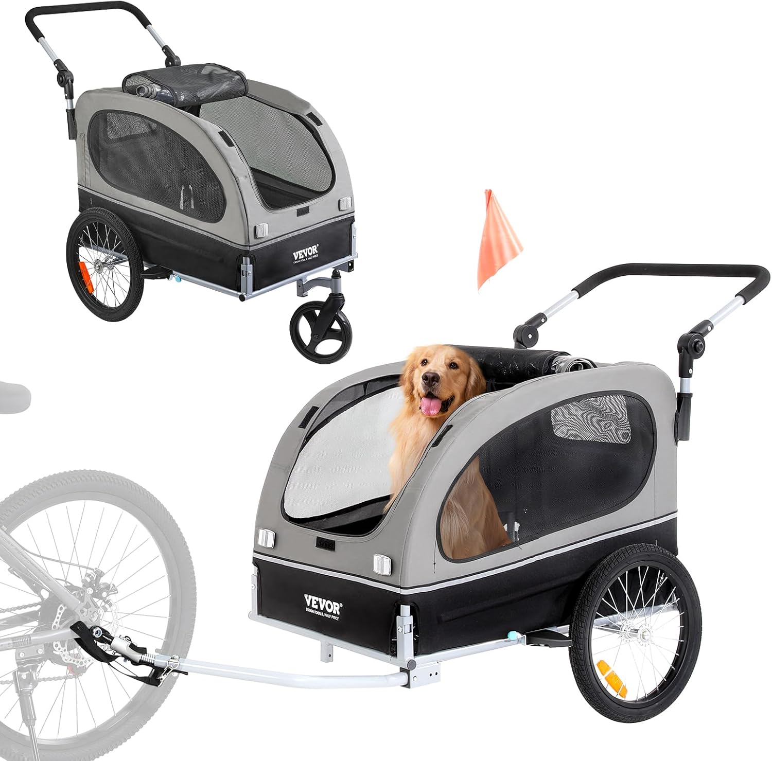Remorque de Vélo Chien Pliable Charge 40 kg Poussette d'Animaux de Compagnie 2en1 Cadre Facile à Plier avec Roues à Dégagement Rapide, Coupleur de Vélo Universel, Réflecteurs, Drapeau, Noir/Gris