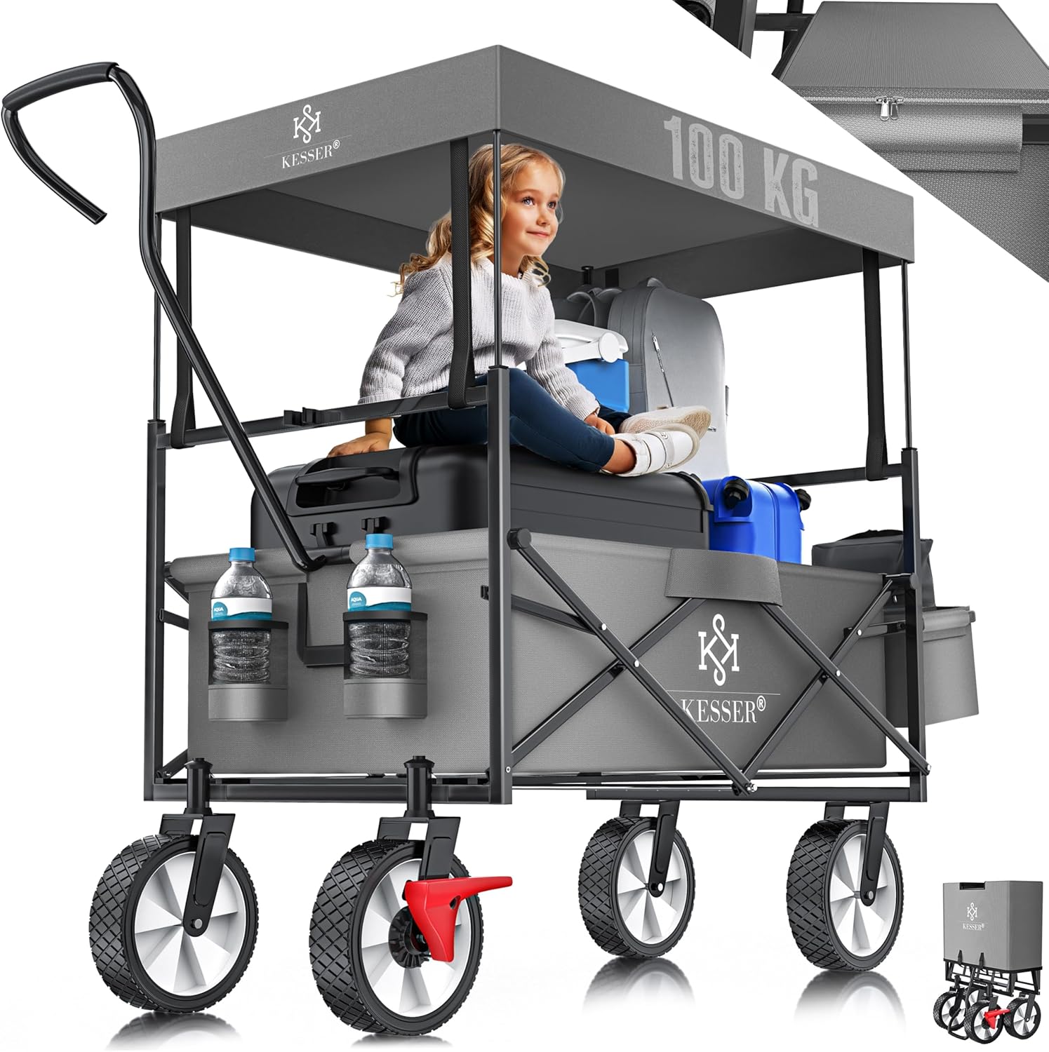 KESSER® Chariot de Transport Pliable avec Toit - Charrette à Bras - Chariot à roulettes - Remorque de Transport - 2 Poches en Mesh et Une Poche extérieure fournies - Pliable (Grau)