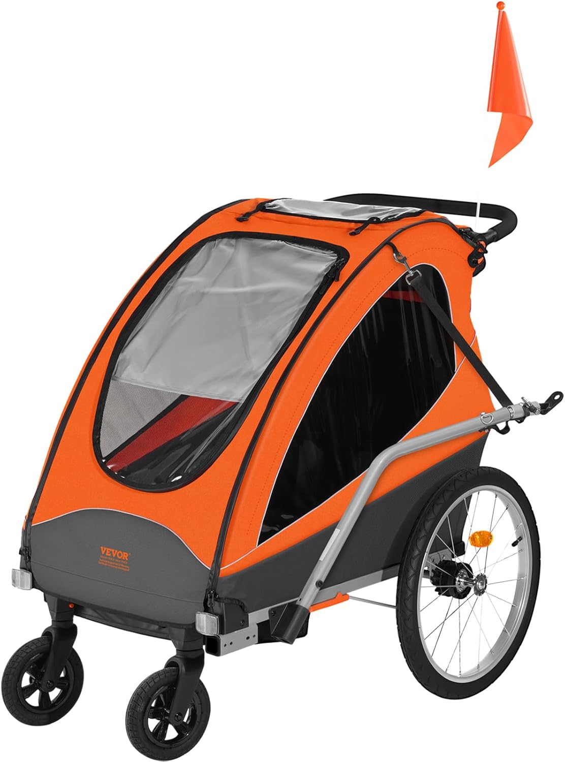Remorque de vélo pour Enfants, siège Double, Charge 55 kg, Porte-auvent 2en1 transformant en Poussette, remorque de vélo Pliable pour Tout-Petits avec attelage de vélo Universel Orange Gris