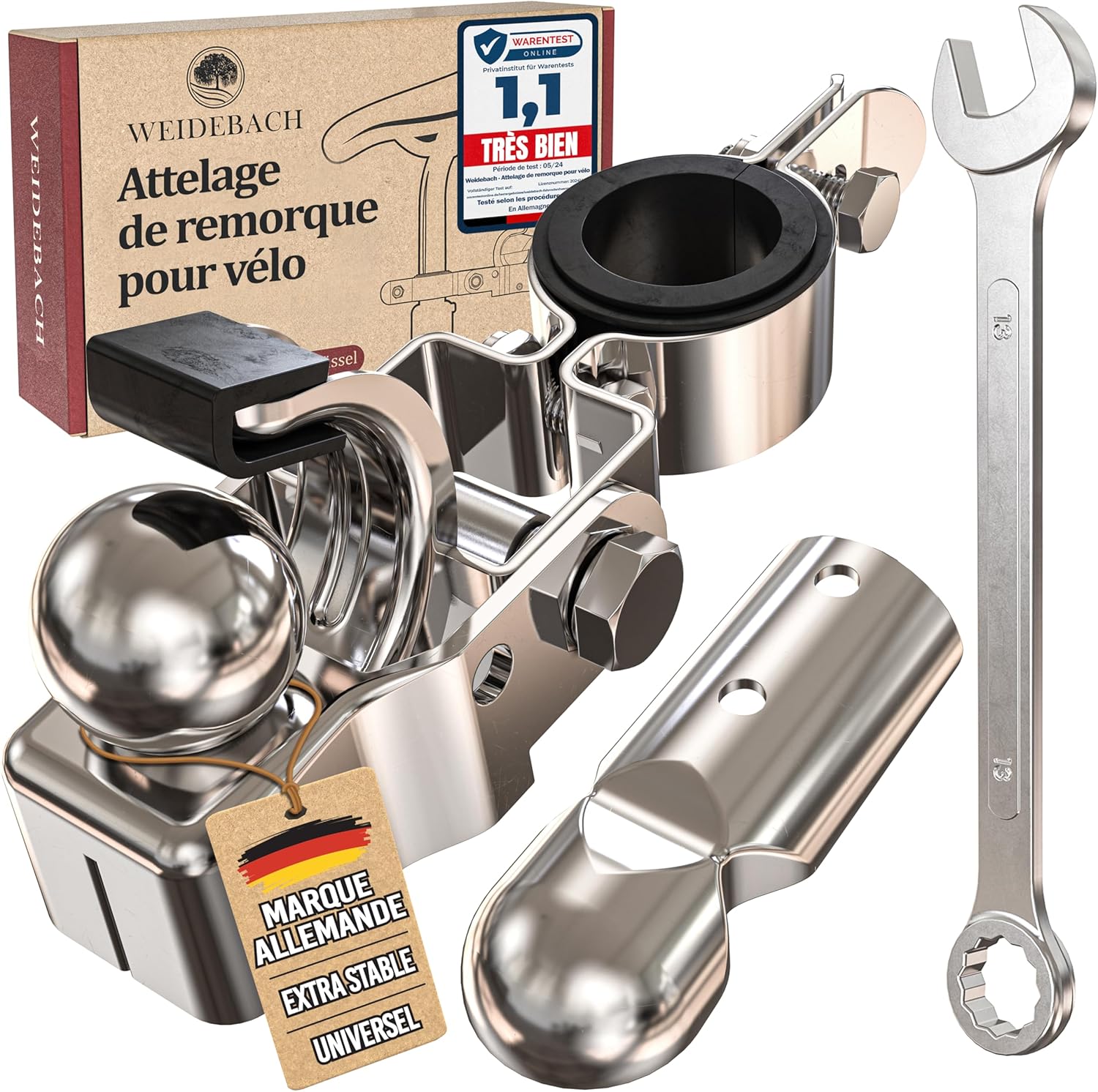 Weidebach® Attache remorque pour vélo en métal galvanisé, attelage pour remorque vélo, Attache remoque pour Barre de vélo de Ø 2.35 à 3.05 cm, attelage pour remorque pour vélo, clé à molette Incluse