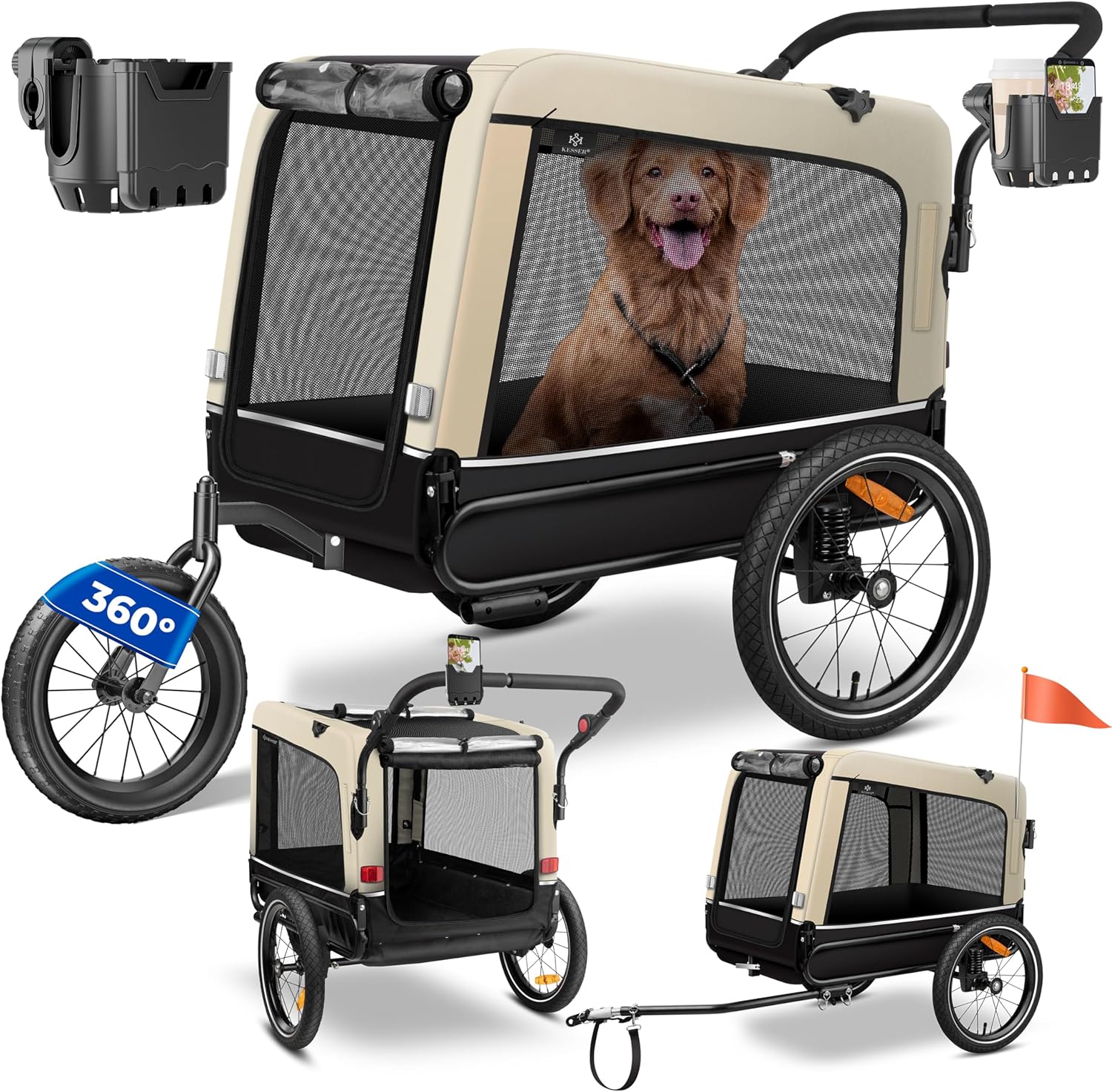 KESSER® Remorque de vélo, Remorque de vélo pour Chien, Chien Buggy - XXL remorque Volume d’Environ 240 litres, avec suspensions, imperméab, capacité de Charge 40 kg, INCL - Porte-téléphone Portable