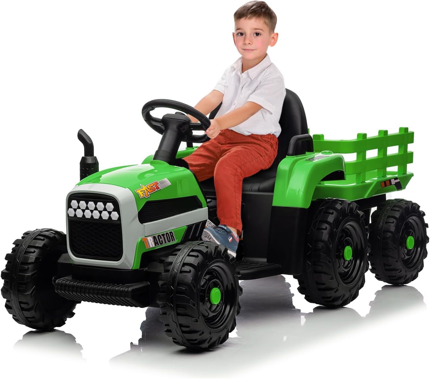 Nmoiww Tracteur électrique pour Enfants, Tracteur électrique avec remorque, Traction arrière,11 lumières LED, Batterie Rechargeable 12 V, télécommande, Charge 50 kg, Vitesse 3-5 km/h (Tracteur-Vert)