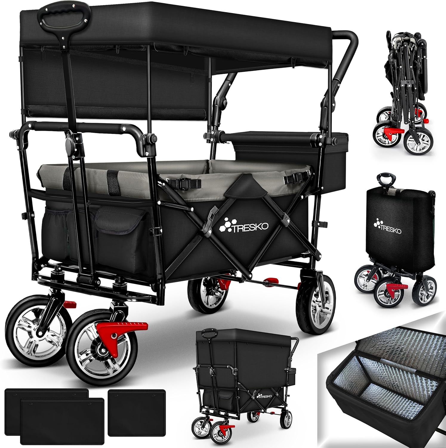 TRESKO Chariot de Transport Pliable + Sac Isotherme & Stores latéraux - Chariot à Main avec Système de Ceinture 3 Points pour Plage - Remorque de Jardin Pliante - Charette de d’extérieur avec Frein