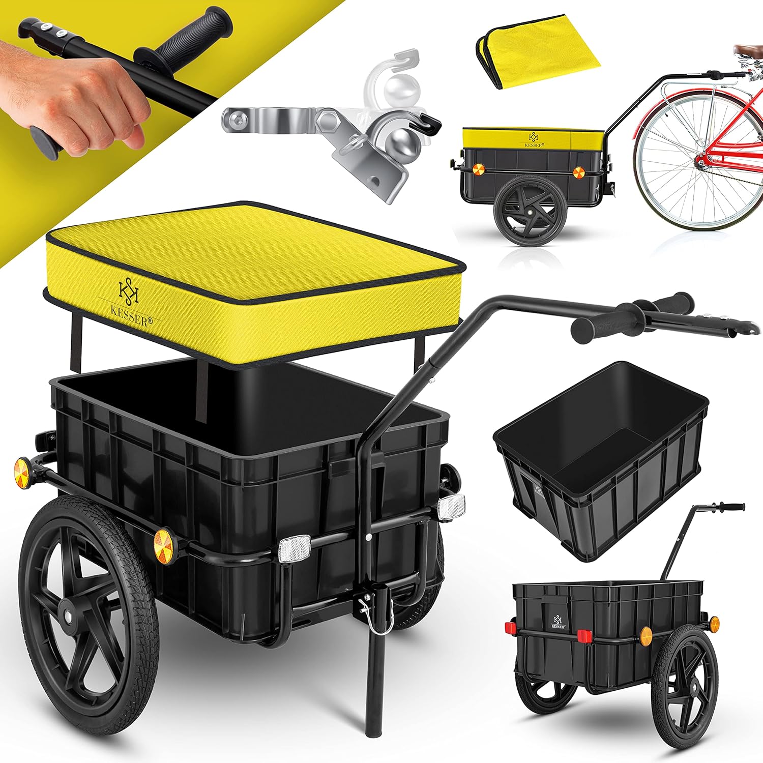 KESSER® Remorque pour vélo Remorque Chariot de Transport avec attelage Timon Haut pour vélo Remorque de Transport Boîte de Transport avec 70 litres de Volume Max - 60 kg