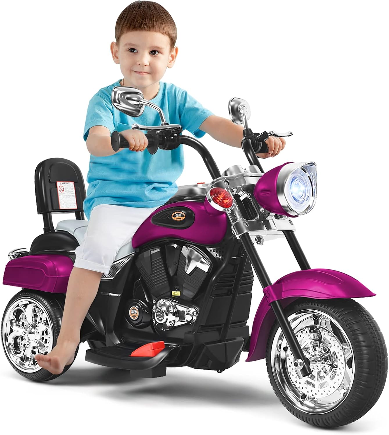 Moto Électrique pour Enfants 3+ Ans Charge Max - 30KG 6V 3km/h avec 3 Roues, Phare et Klaxon, Véhicule Tricycle Rechargeable (Violet)