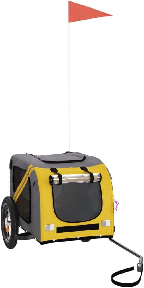 Remorque de Vélo pour Animaux de Compagnie, Chariot à Vélo pour Chien avec Drapeau, Poussette de Chien, Jaune et Gris Tissu Oxford et Fer
