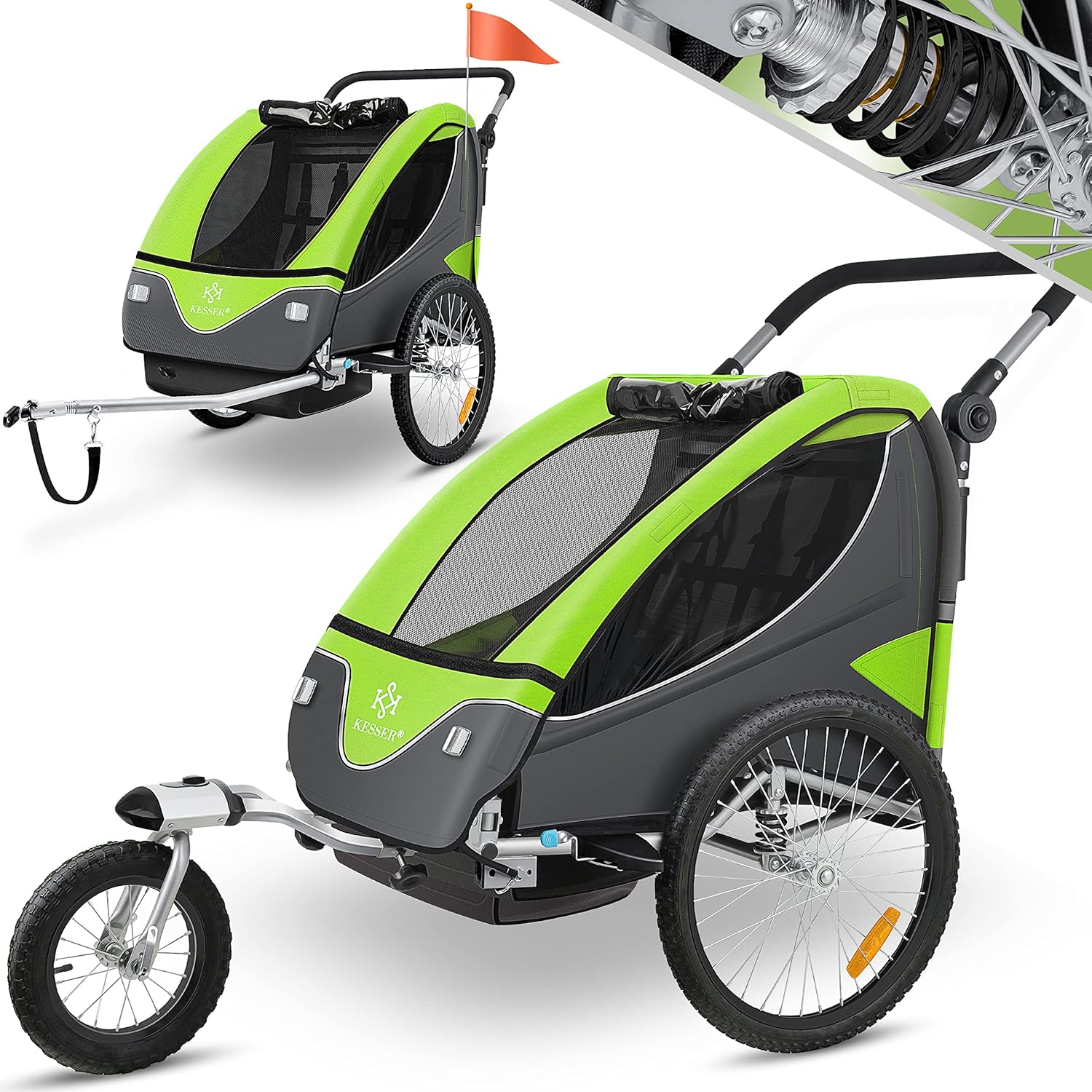KESSER® Remorque de vélo pour enfant - Rotation à 360° - Avec suspension 2 en 1 - Fonction jogger - Remorque de vélo pour enfant - Sangle à 5 points - Pour 1 à 2 enfants - 40 kg