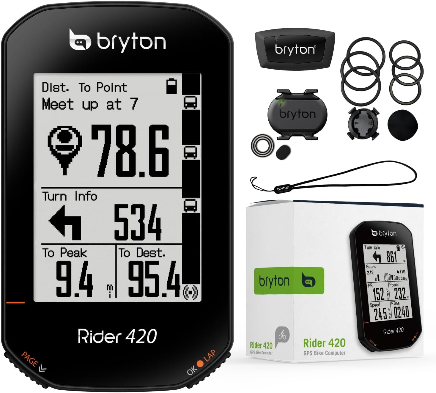 Bryton Rider 420 Bundle de Capteurs GPS Vélo/Cyclisme Écran LCD 2,3 Pouces Sans Fil - Compatible avec le radar de vélo, autonomie longue durée de 35 heures, navigation avec guidage pas à pas - Bluetooth