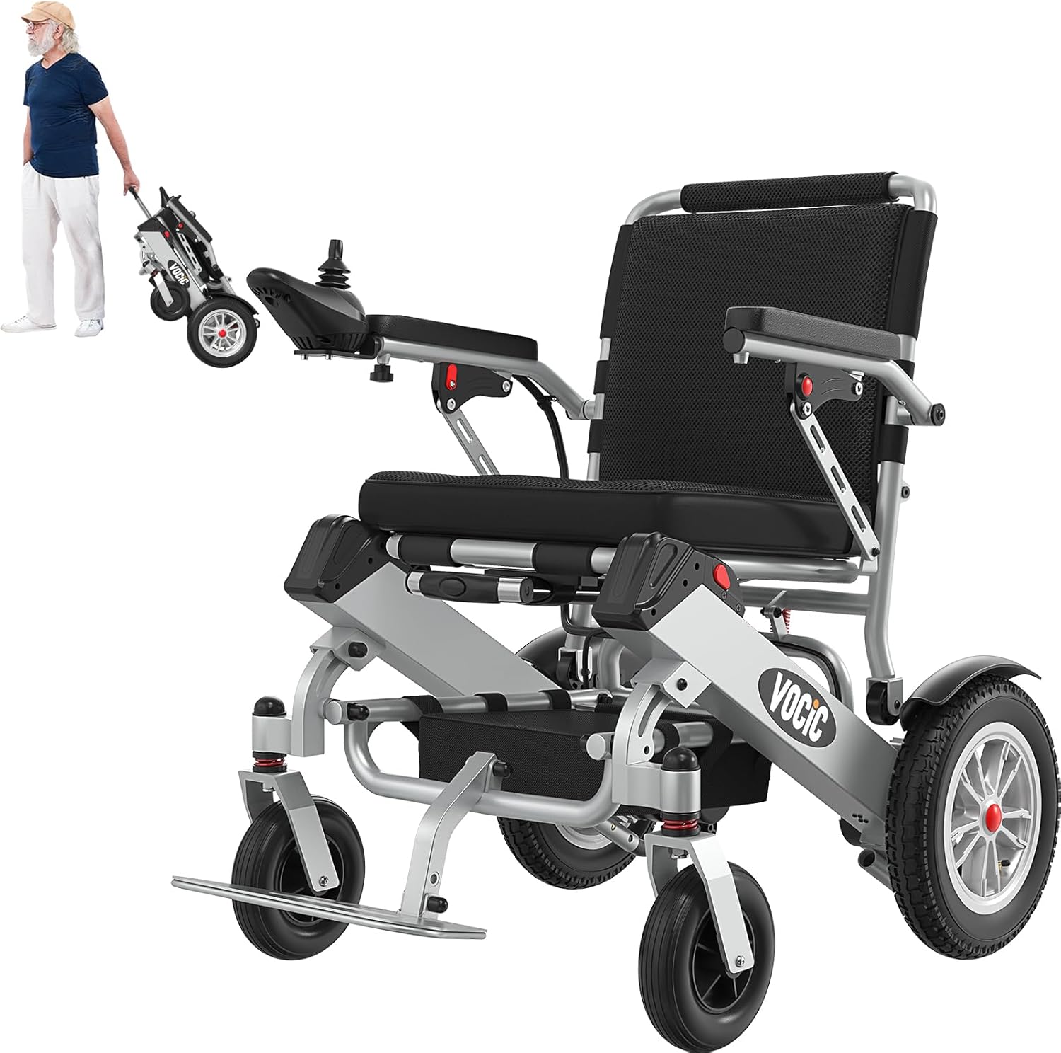 V62 Fauteuil roulant electrique pliable leger bis 136KG,25KM chaise roulante electrique avec double batterie en alliage d'aluminium,Pneus gonflables amortisseurs 30CM,Navigabilité des aéronefs