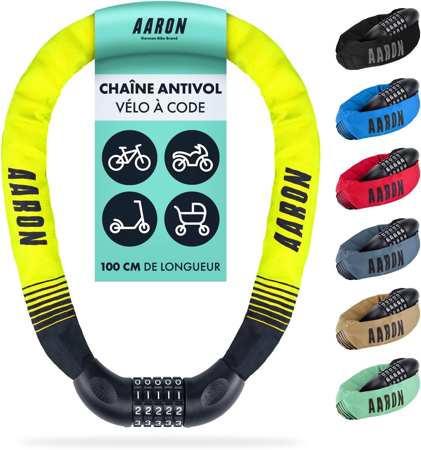 Antivol pour vélo Lock One à combinaison à 5 chiffres - chaine en acier/niveau de sécurité élevé - pour vélo électrique/VTT/VTC/vélo de ville/vélo de course/véhicule électrique