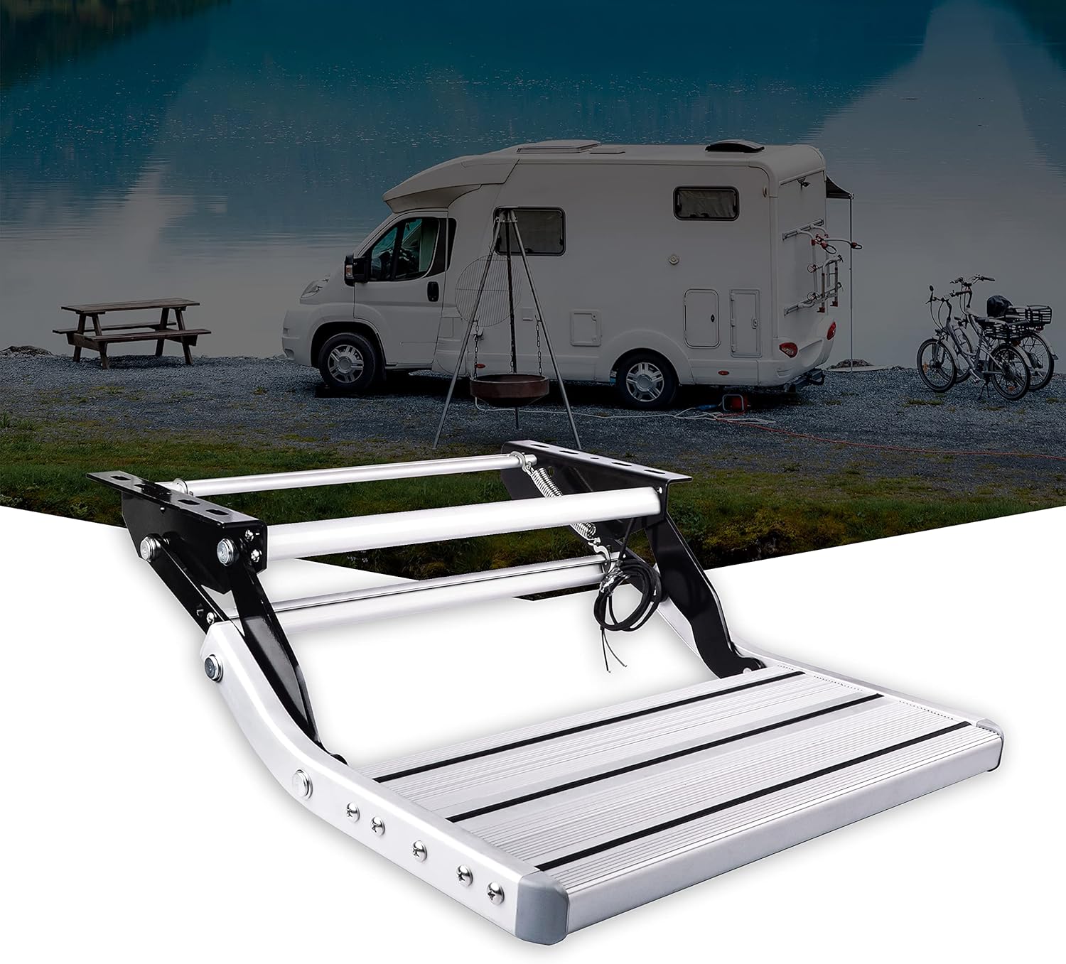 Marchepied Pliable en Alliage d'aluminium Manuel avec lumière LED, échelle, pédale de Caravane télescopique antidérapante, pour Camping Car