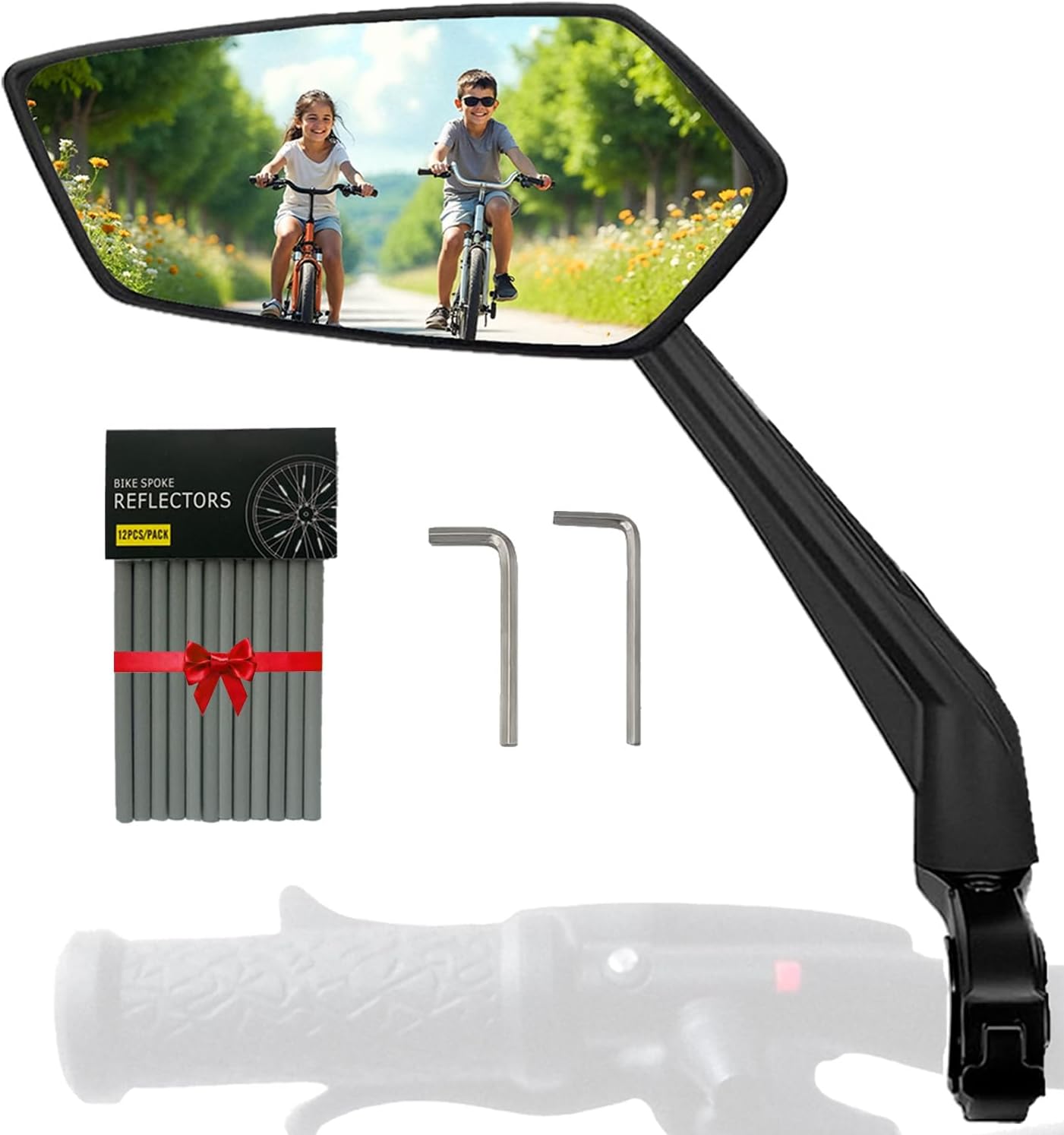 Rétroviseur Vélo avec 12 Réflecteurs de Rayons offerts, retroviseur pour trottinette électrique VTT, Velo electrique et Scooter moto avec accessoires Réfléchissants guidon 22 à 25,4 mm retro gauche