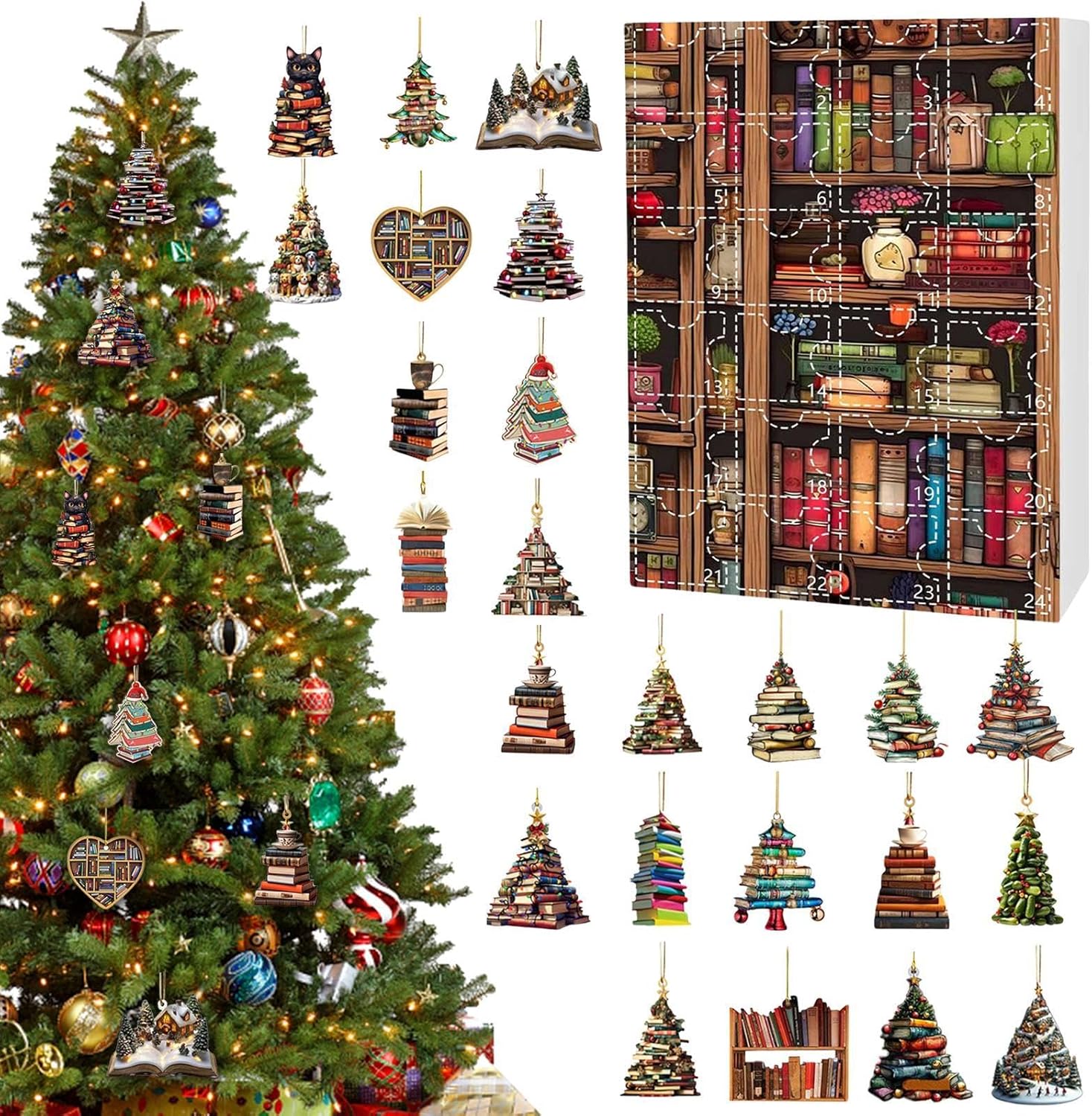 Calendrier de l'Avent d'ornements de livres de Noël 2024 - Calendrier du compte à rebours de Noël sur 24 jours 2024 - Livres plats en acrylique 2D empilés, pendentif, décorations d'arbre noël
