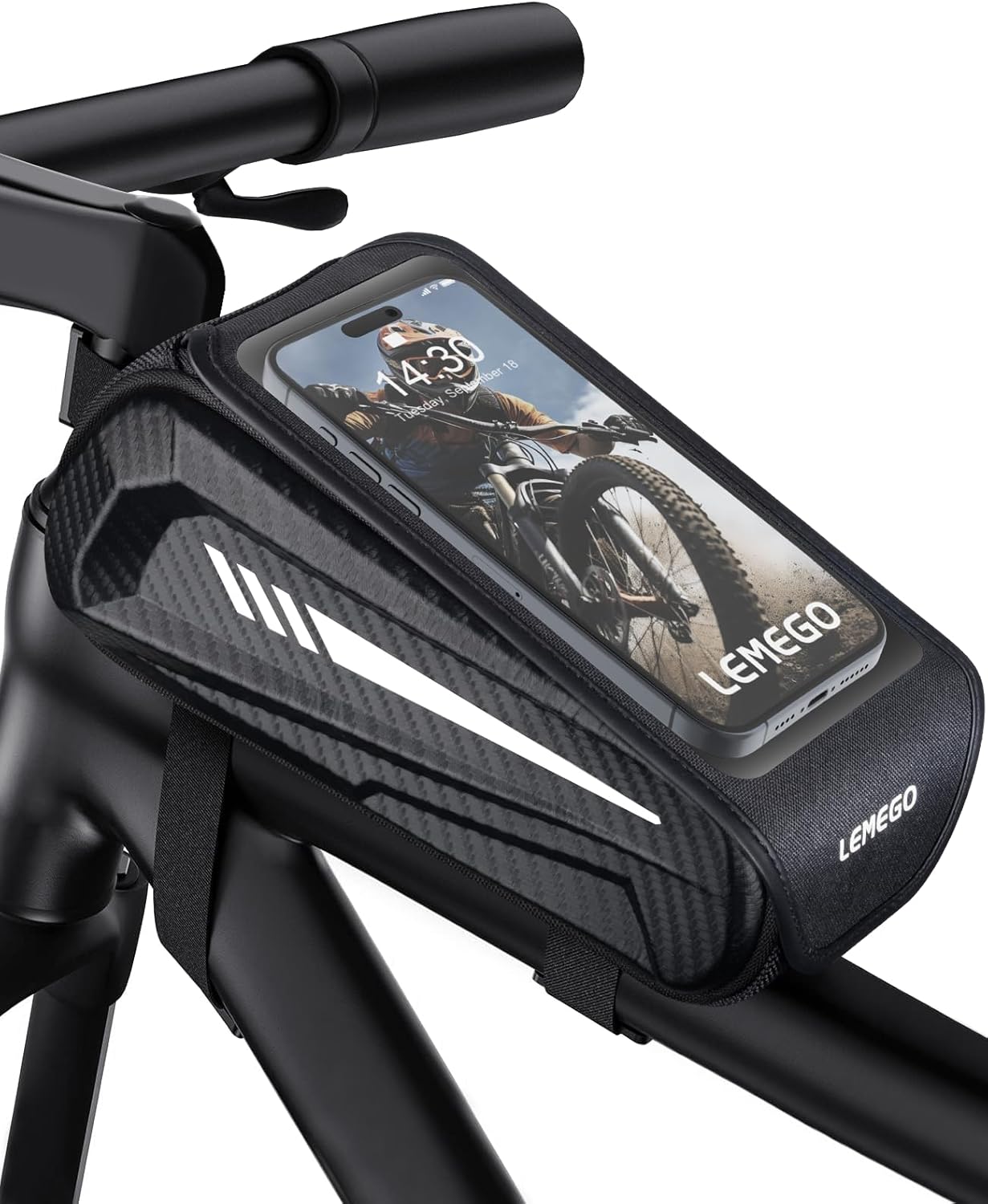 Sac Cadre Velo, Sacoche Velo étanche, avec Housse de Pluie Bandes Réfléchissantes, Sac pour Téléphone pour jusqu'à 6,7 Pouces 1L Sac de Tube Supérieur pour Vélo Moto