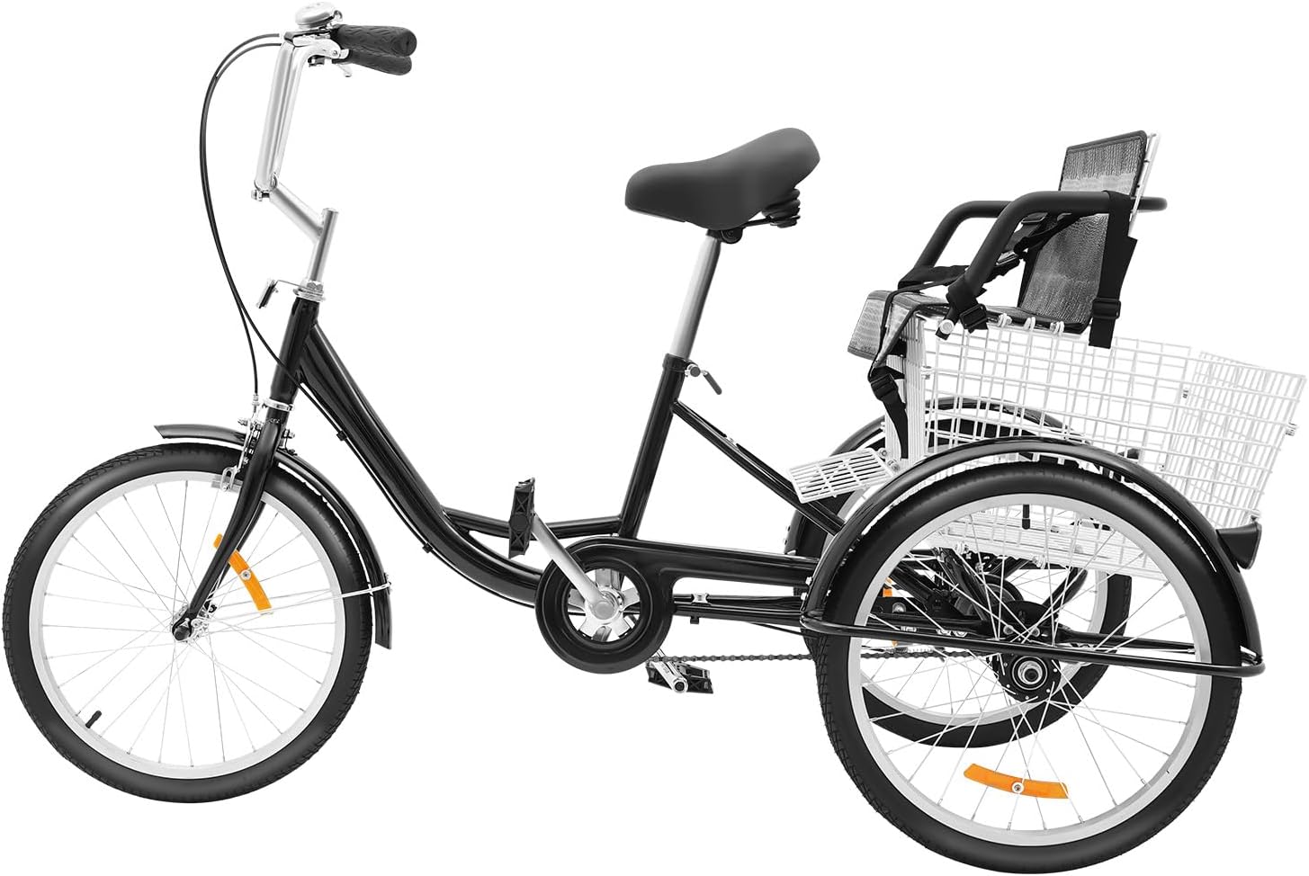 MEHOOSPVN Tricycle pour adulte de 20 pouces avec siège enfant avec panier à provisions avec siège arrière, tricycle vélo cargo avec frein de serrage et frein à 90 bandes, max - 264,5 lb pour le