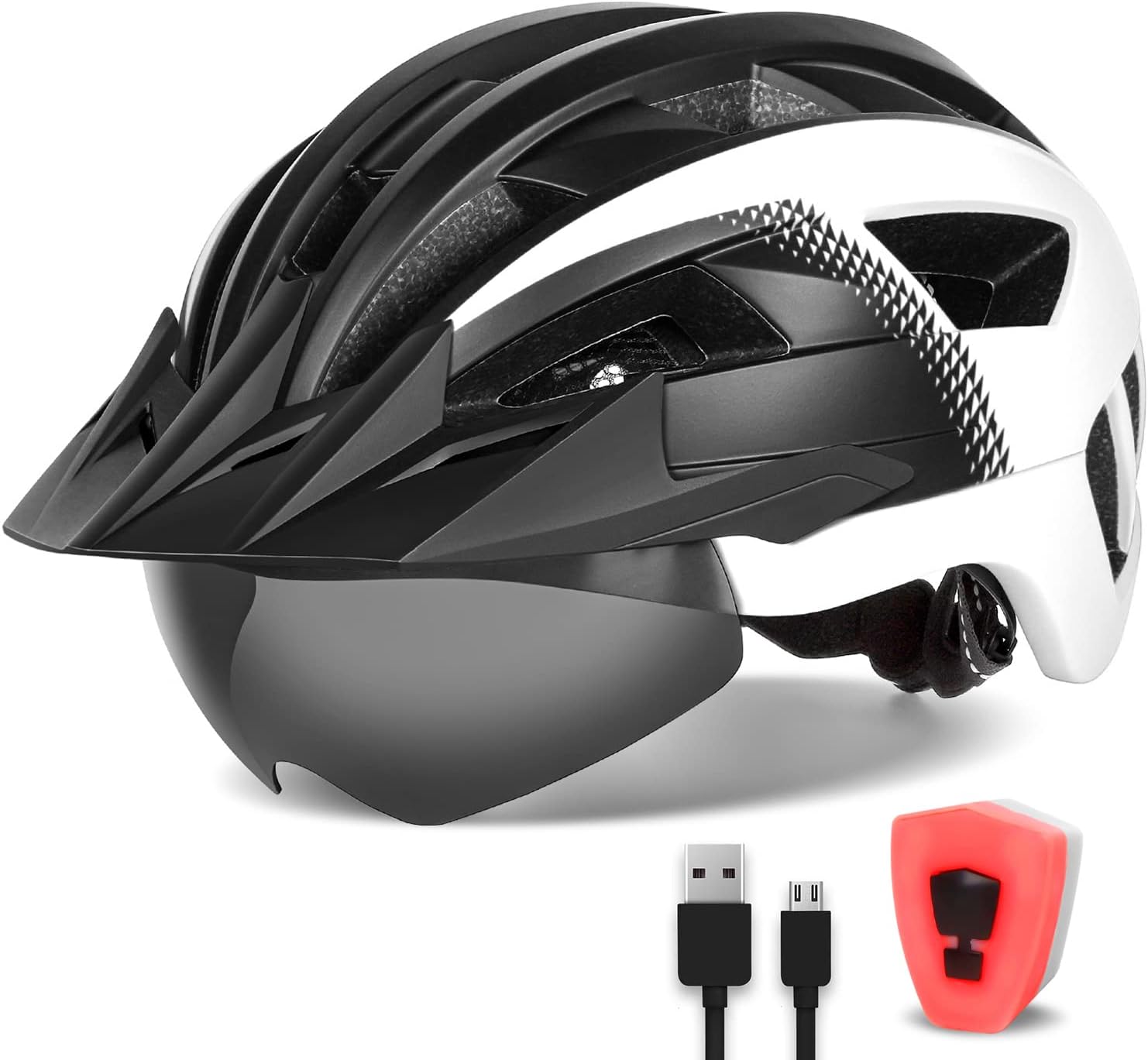 Casque Velo Homme Femme avec Visiere et Lunettes Détachables, Casque Vélo Casques VTT avec Feu Arrière à LED Rechargeable, Casque Cyclisme pour Adulte et Adolescent, Taille M/L/XL