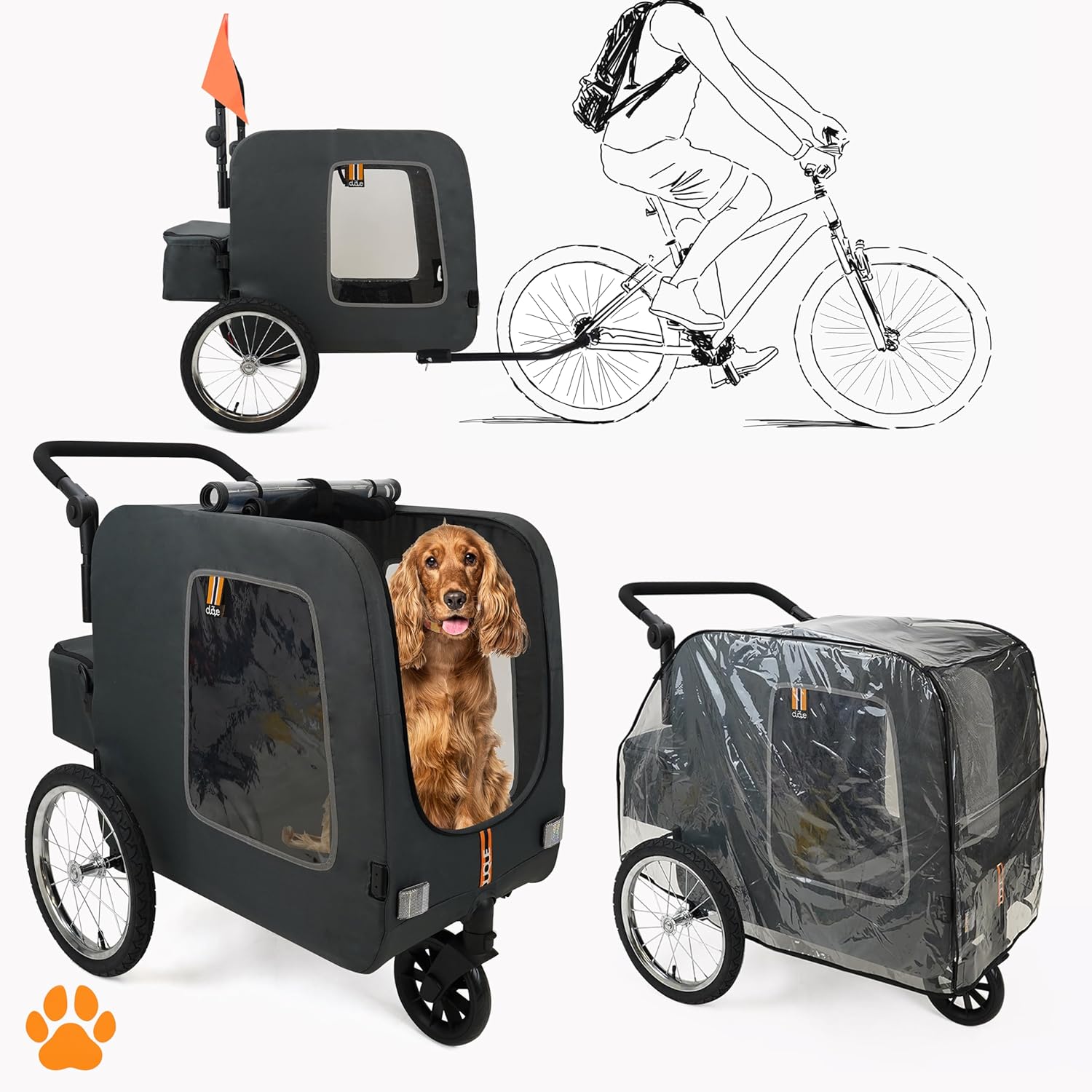 Chase - Remorque Vélo Chien 3 en 1 - Poussette Chien, Panier Vélo et Chariot Pratique pour Jogging et Shopping - Facile à Plier, Protection Pluie Incluse pour Un Transport Sûr - Noir