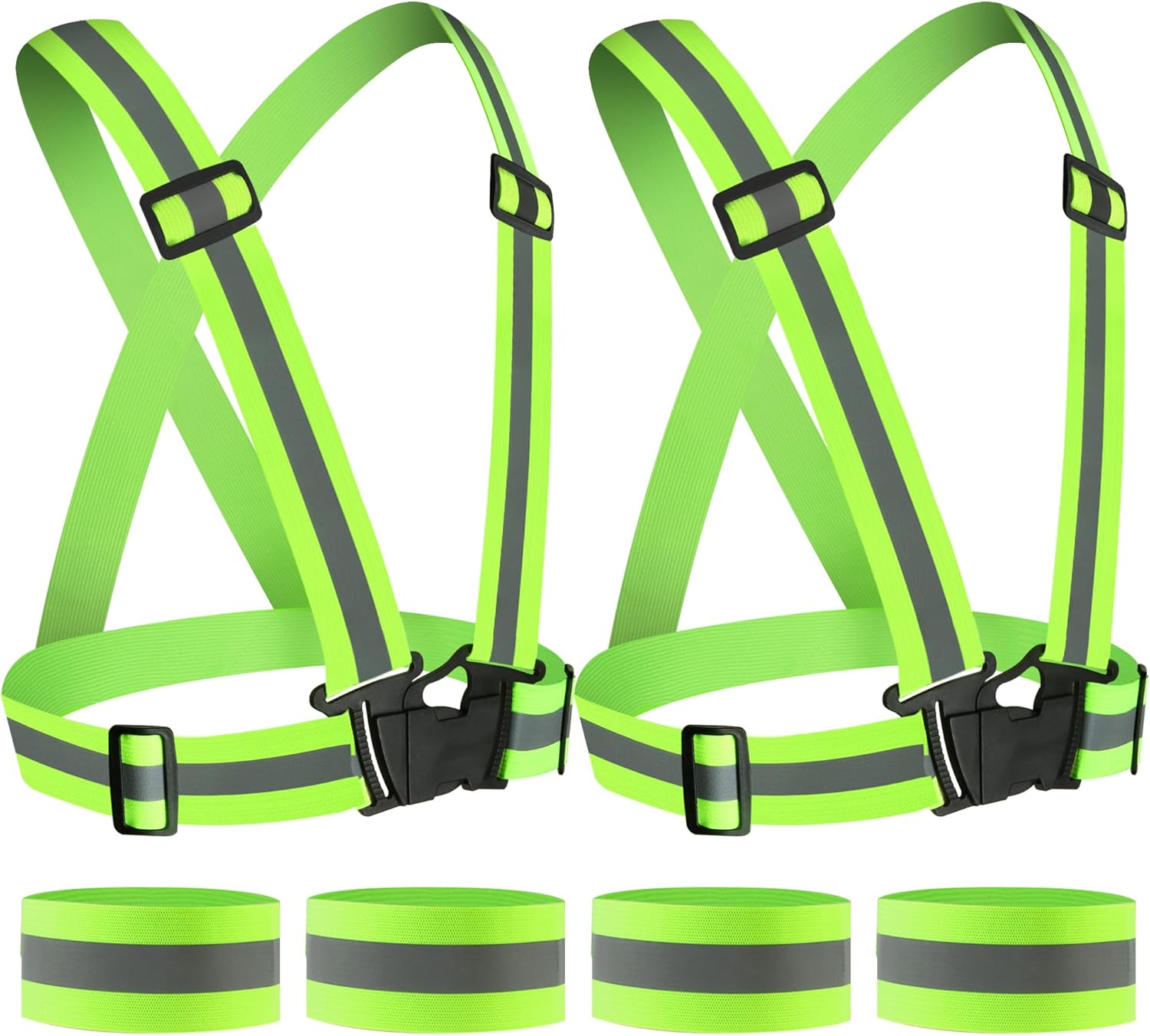 Kit Sécurité Nuit Pro (2 Gilets Réfléchissants + 4 Bracelets Fluos) – Veste Haute Visibilité en Polyester Respirant, Bandes Réfléchissantes 360° pour Jogging/Vélo/Travail Nocturne – Taille Aju