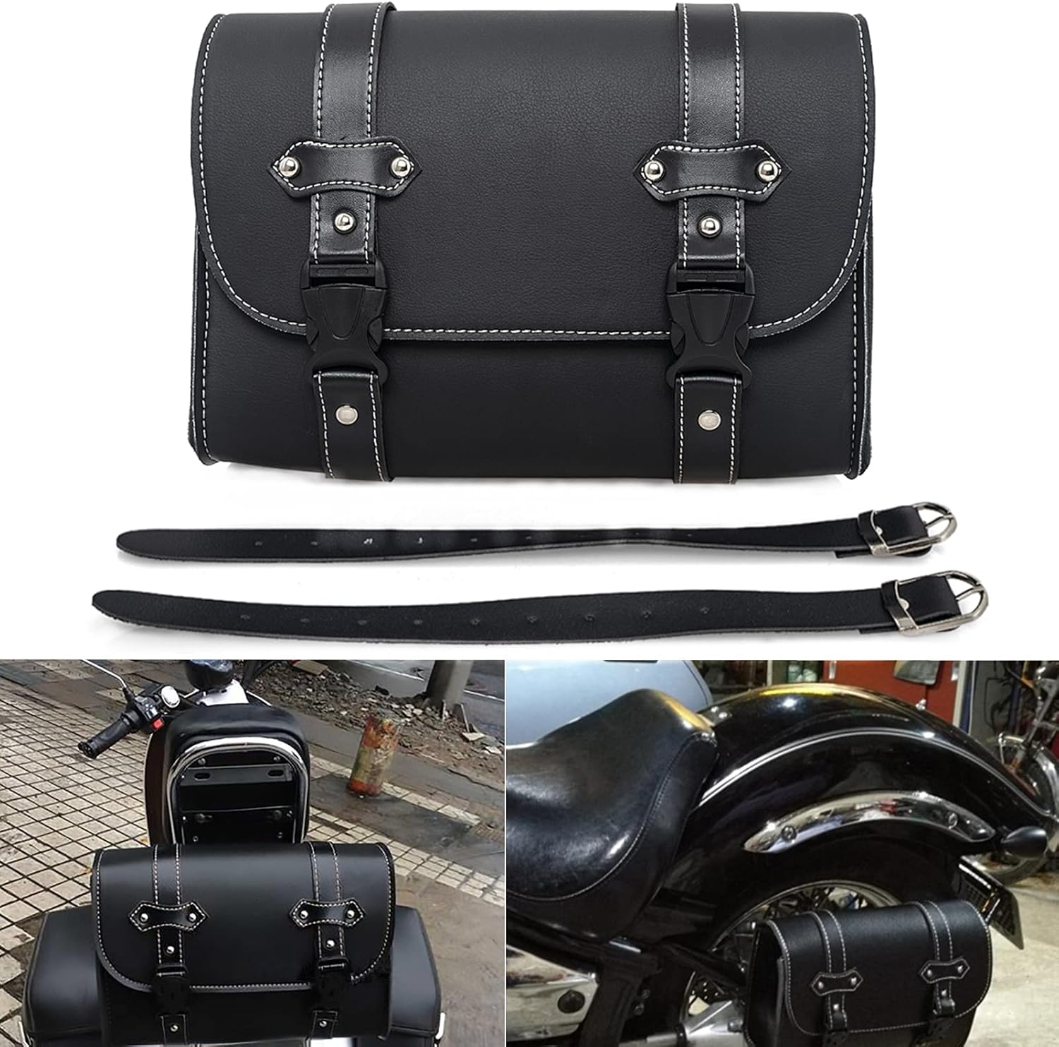 Sac de selle de moto – Noir PU Cuir Sac à outils de guidon de moto étanche Sac latéral Sac latéral Sac de queue universel avec 2 sangles de montage
