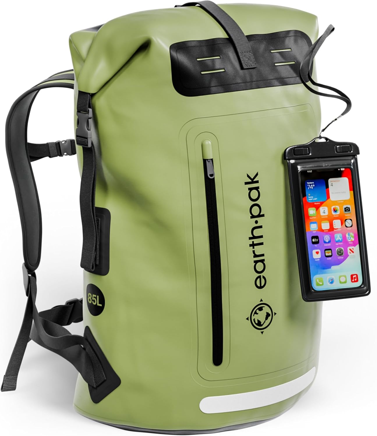Earth Pak Sac à dos imperméable avec fermeture enroulable, poche avant, panneau arrière rembourré et étui pour téléphone, Vert, 85L, Sac à bandoulière