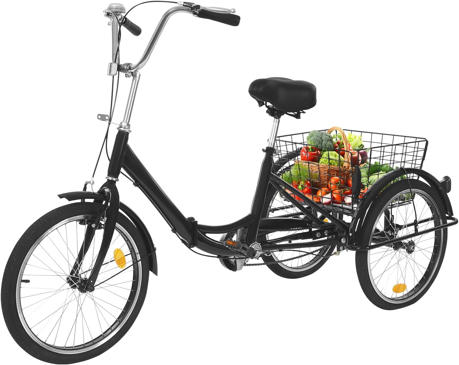 SuhoFutus Tricycle pour adulte, vélo cargo de 20 pouces, 3 roues avec panier à provisions, vélo de ville pour activités de plein air, noir, 155,75 x 66 x 105 cm
