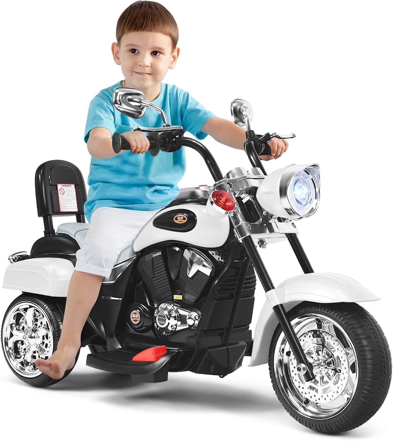 Moto Électrique pour Enfants 3+ Ans Charge Max - 30KG 6V 3km/h avec 3 Roues, Phare et Klaxon, Véhicule Tricycle Rechargeable (Blanc)