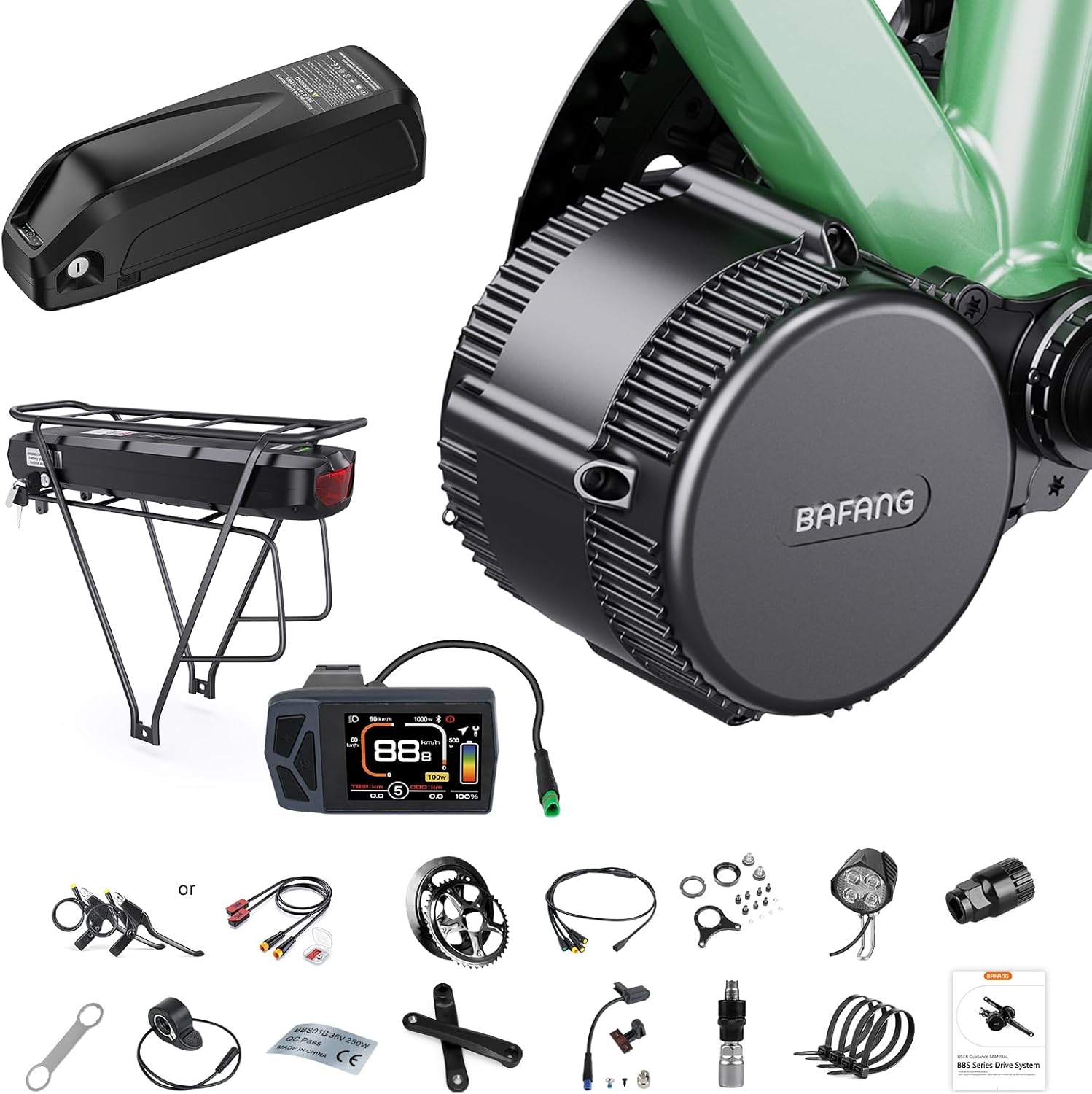 Bafang Kit Moteur Pedalier 36V 48V 52V, Mid Drive Motor BBS01B 250W 350W, BBS02B 500W 750W, BBS-HD 1000W Optionnel, Ebike Conversion Kit avec Batterie et Accessoires Personnalisés