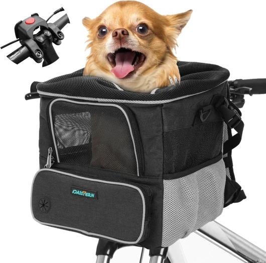Panier de Vélo Avant pour Chien Chat jusqu'à 4KG avec Adaptateur Φ80mm, Sac à Dos Petit Chien avec Fenêtre en Maille Respirante, Bandes Réfléchissantes, Coussin Confortable Imperméable