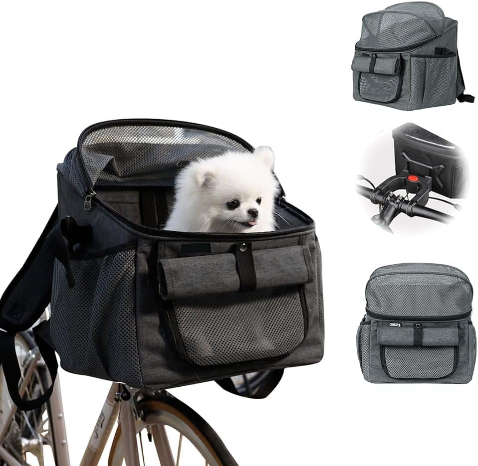 Panier de vélo pour chien, sac de vélo pour animaux de compagnie avec adaptateur de guidon, amovible, en maille respirante, sangles réglables, panier de vélo pliable pour animaux de compagnie de