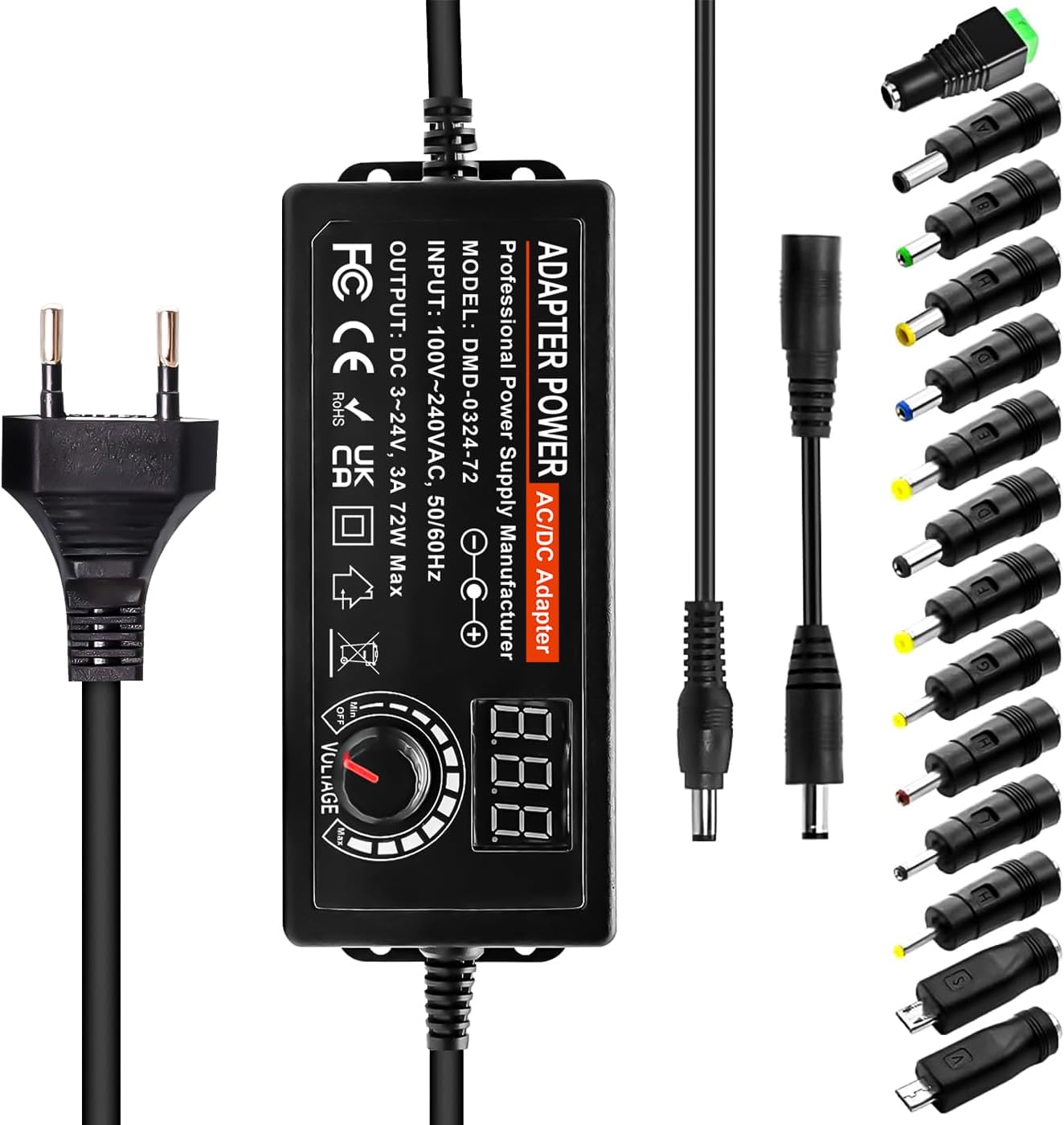 Alimentation Universelle 3V~24V 72W 3A Adaptateur d'alimentation 100~240V AC/DC Chargeur Universel avec 14 Connecteur et Câble de Polarité Inverse pourCCTV Caméra Routeur, Max 3000mA