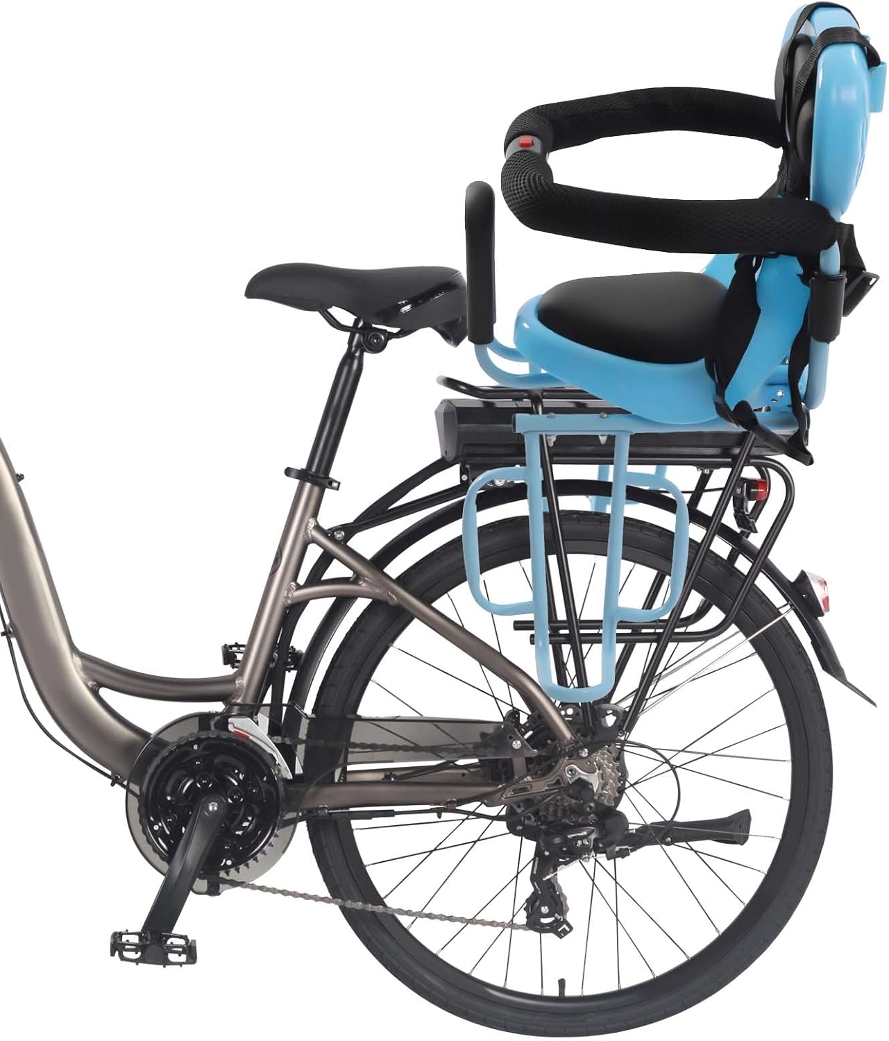 MINRS Siège enfant arrière de vélo, siège enfant de vélo avec ceinture de sécurité, siège amovible, deux garde-corps en forme de U, supports de repose-pieds pour enfants de 6 mois à 6 ans, bleu