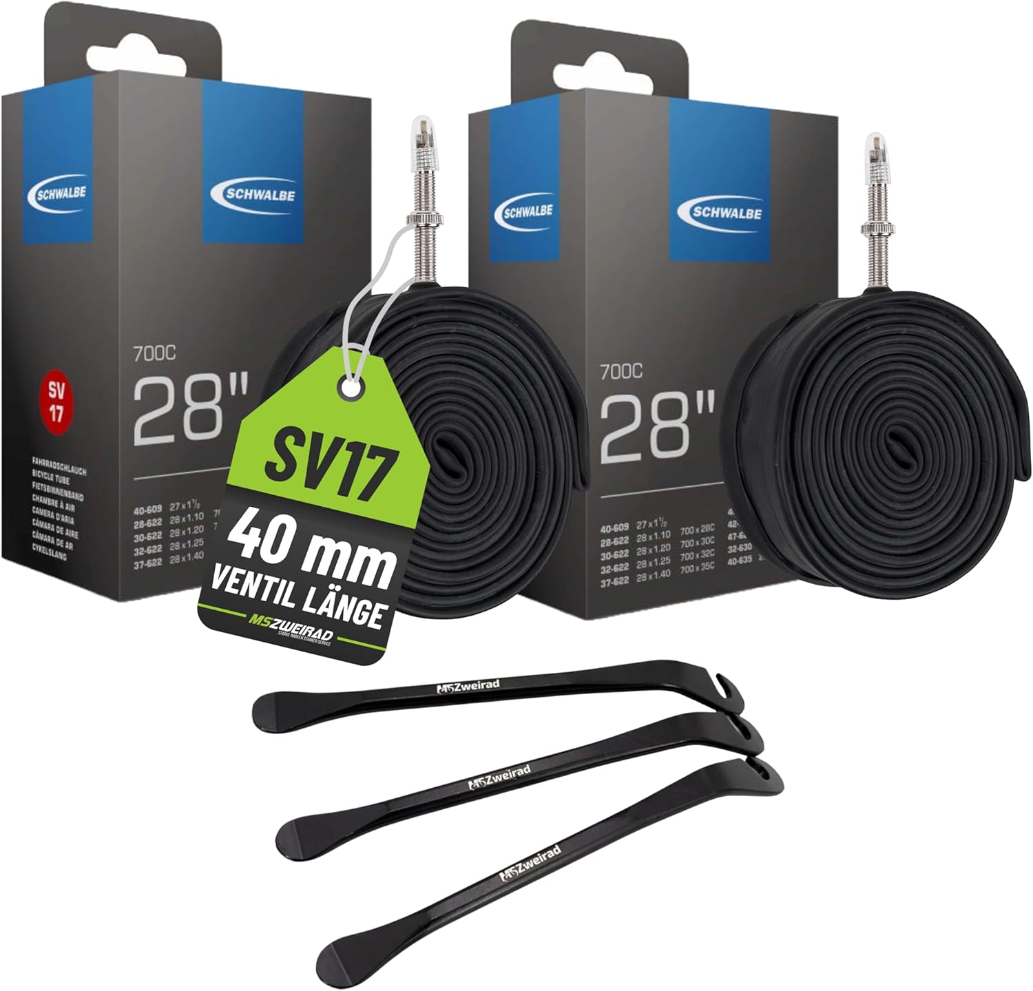 Schwalbe SV17 Lot de 2 Chambres à air de vélo 40 mm 28" (28/47-622/635) avec 3 démonte-pneus MSZweirad