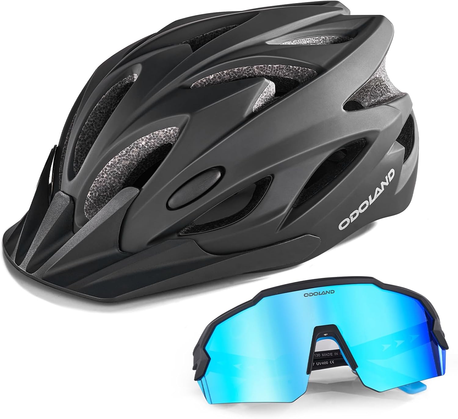Set de Casque de Vélo avec Port de la Bordure Amovible et Lunettes de Cyclisme Anti UV Casque VTT et VTC Ventilé avec Lunettes de Soliel pour Cyclisme Homme Femme Adult